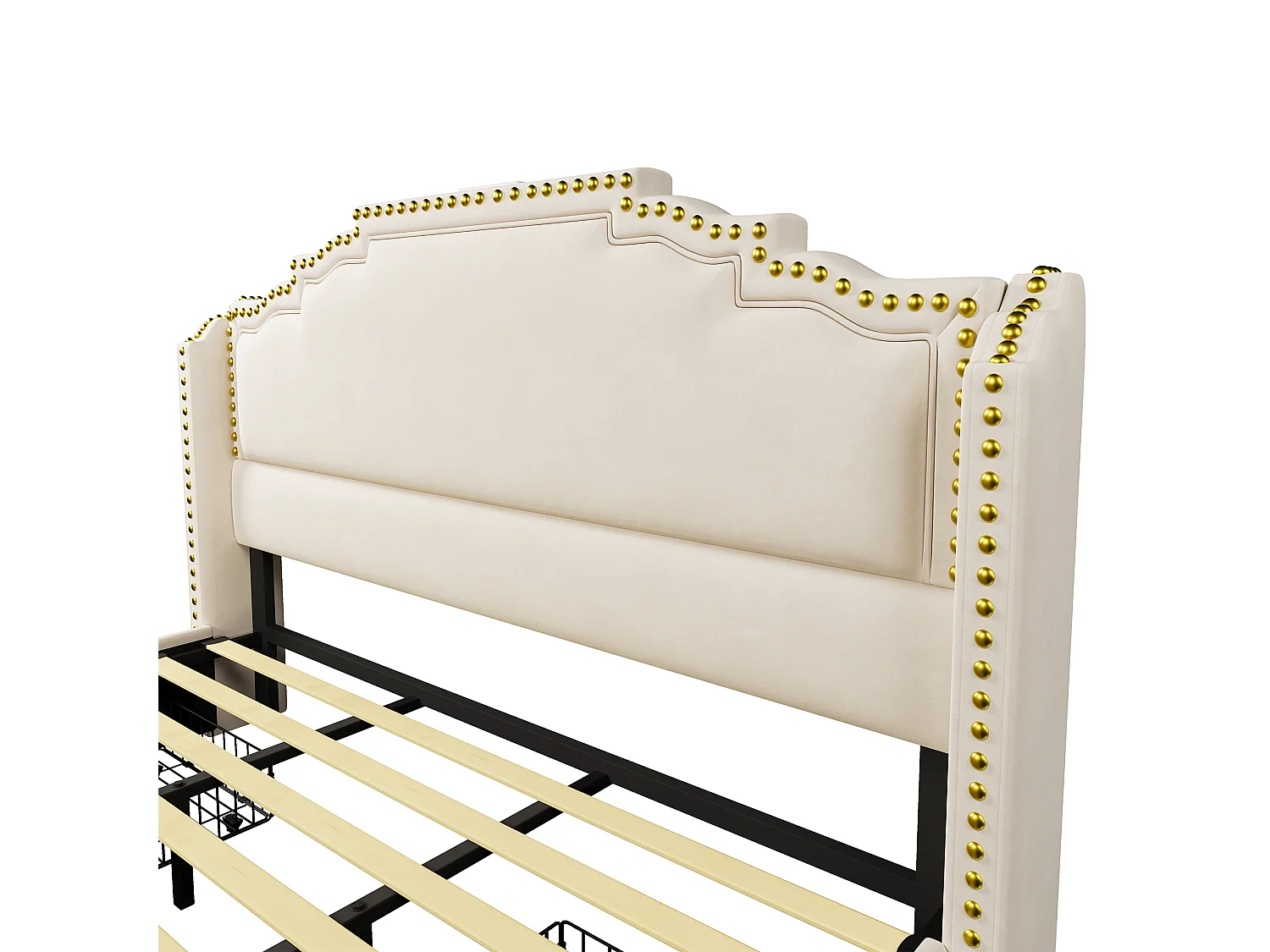 Lit adulte 180x200cm avec 4 tiroirs, LED multicolore et USB type-C, en velours beige, sans matelas