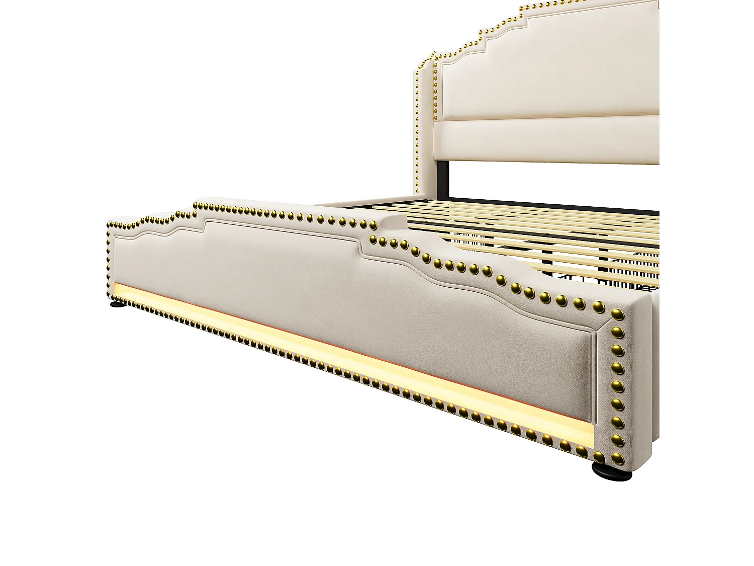 Lit adulte 180x200cm avec 4 tiroirs, LED multicolore et USB type-C, en velours beige, sans matelas