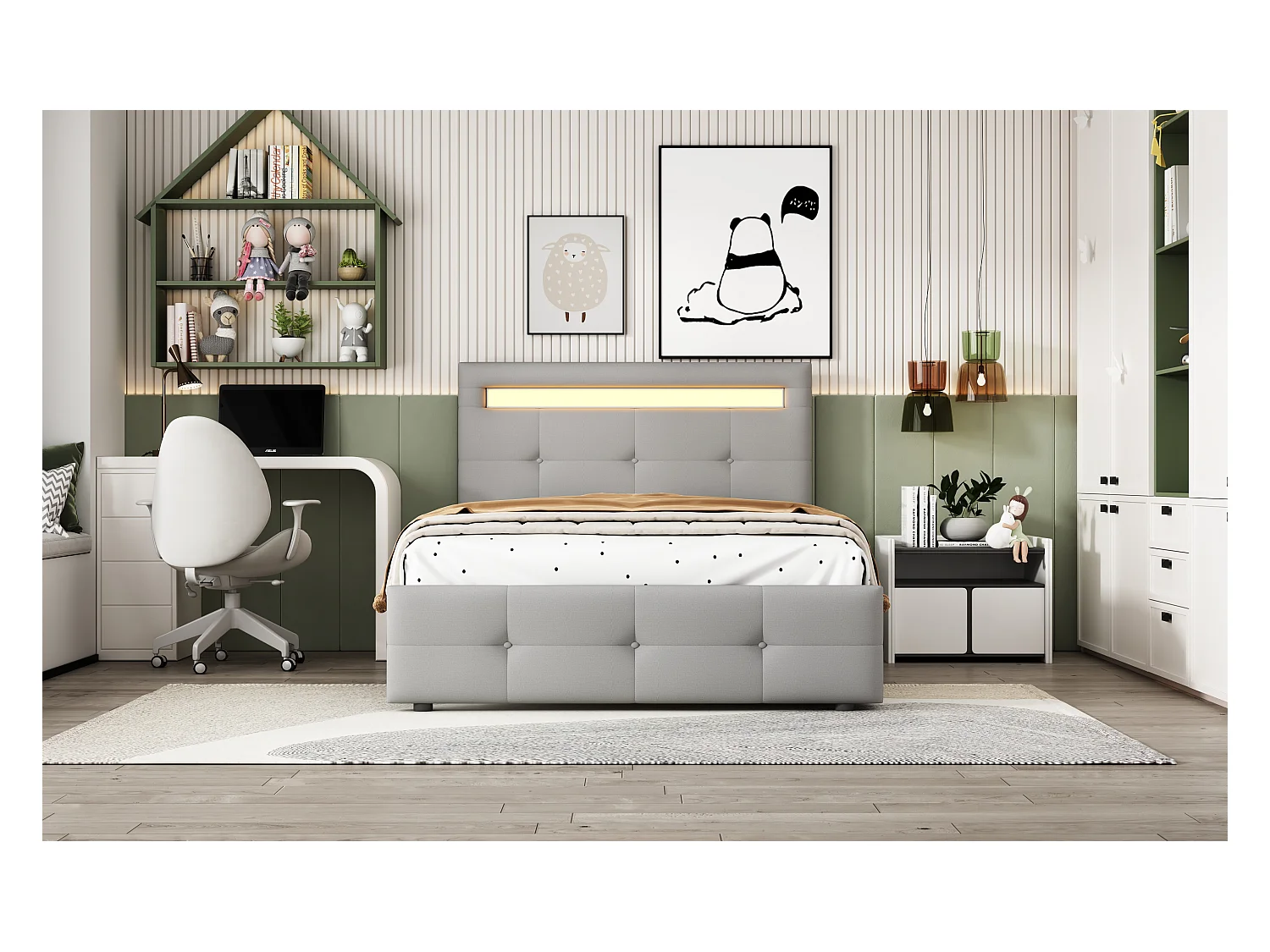 90 * 200cm lit rembourré avec lumière LED, 2 tiroirs, skin - friendly Lin rembourré plat lit simple lit d'enfant lit de jeunesse lit d'appoint (gris)