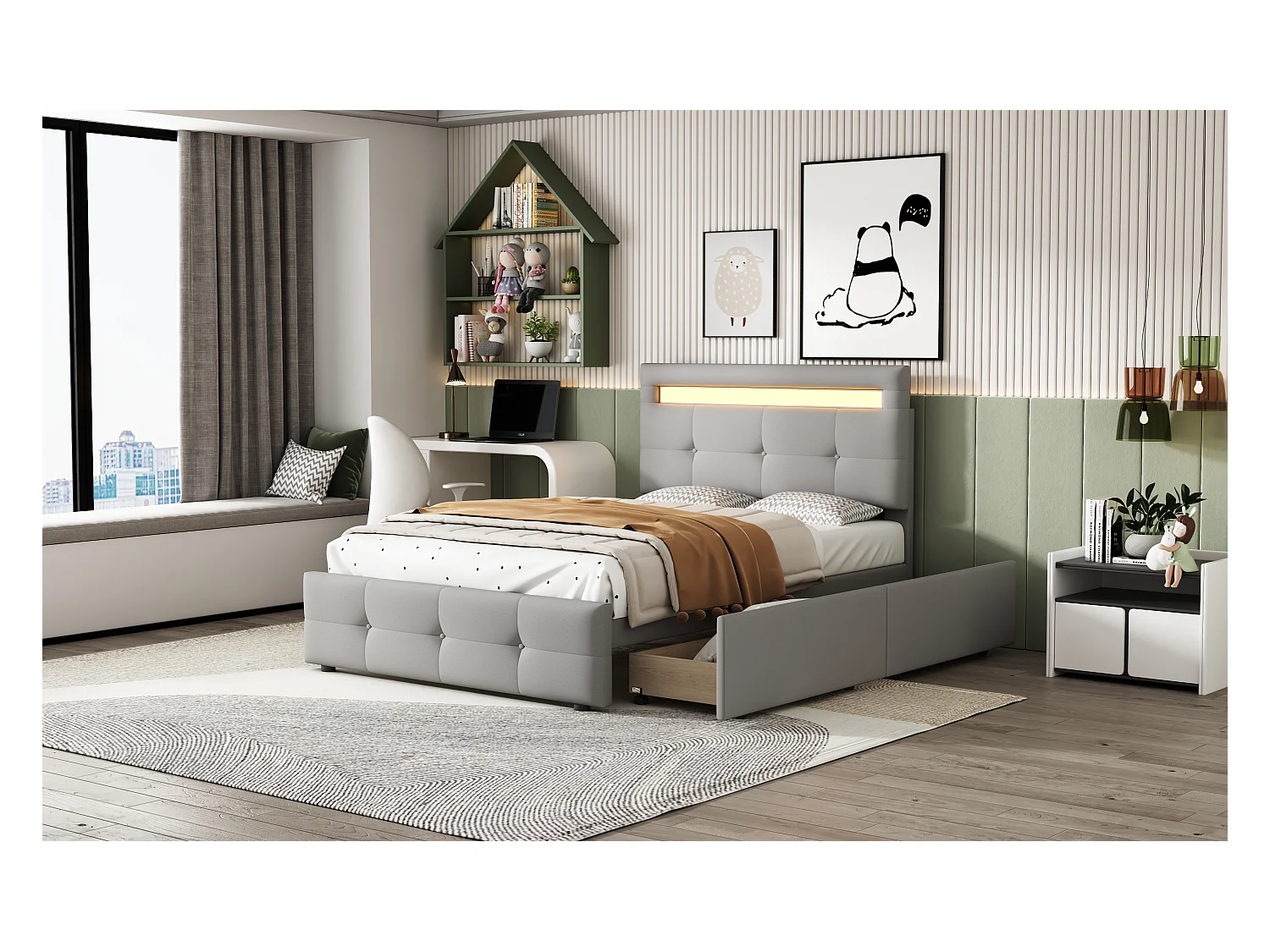 90 * 200cm lit rembourré avec lumière LED, 2 tiroirs, skin - friendly Lin rembourré plat lit simple lit d'enfant lit de jeunesse lit d'appoint (gris)