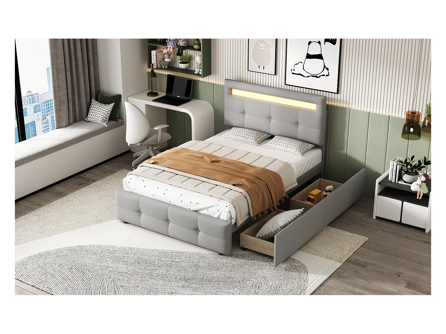 90 * 200cm lit rembourré avec lumière LED, 2 tiroirs, skin - friendly Lin rembourré plat lit simple lit d'enfant lit de jeunesse lit d'appoint (gris)