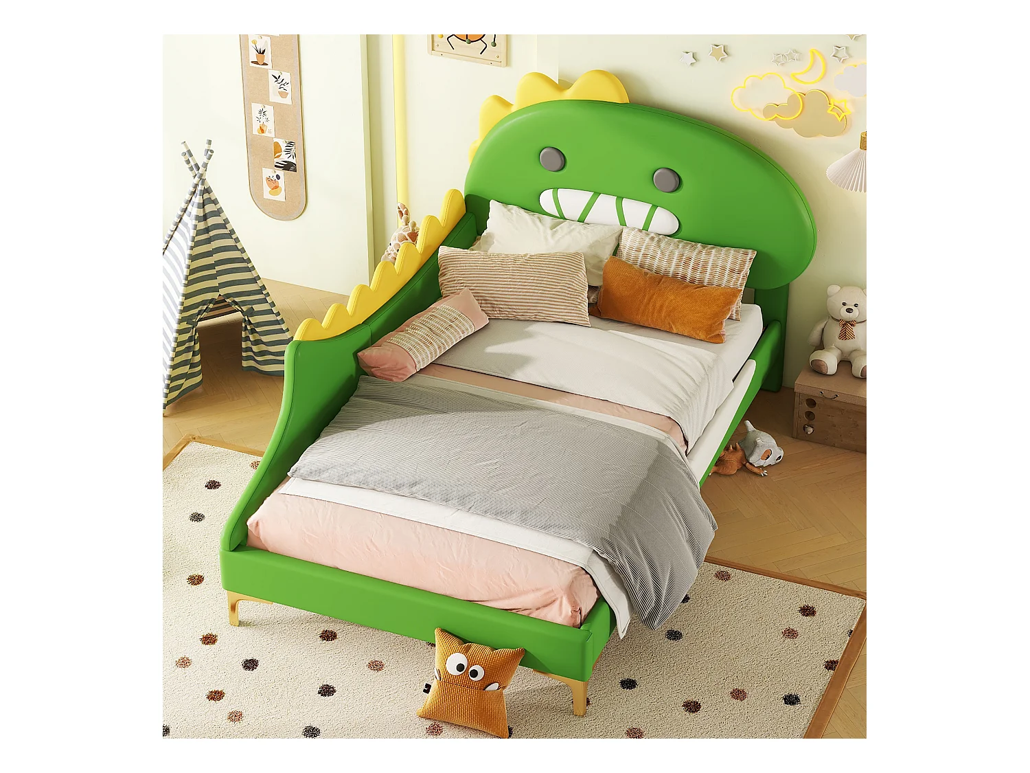 Lit enfant 90x200cm avec tête de lit en forme de dinosaure, en PU vert, sans matelas