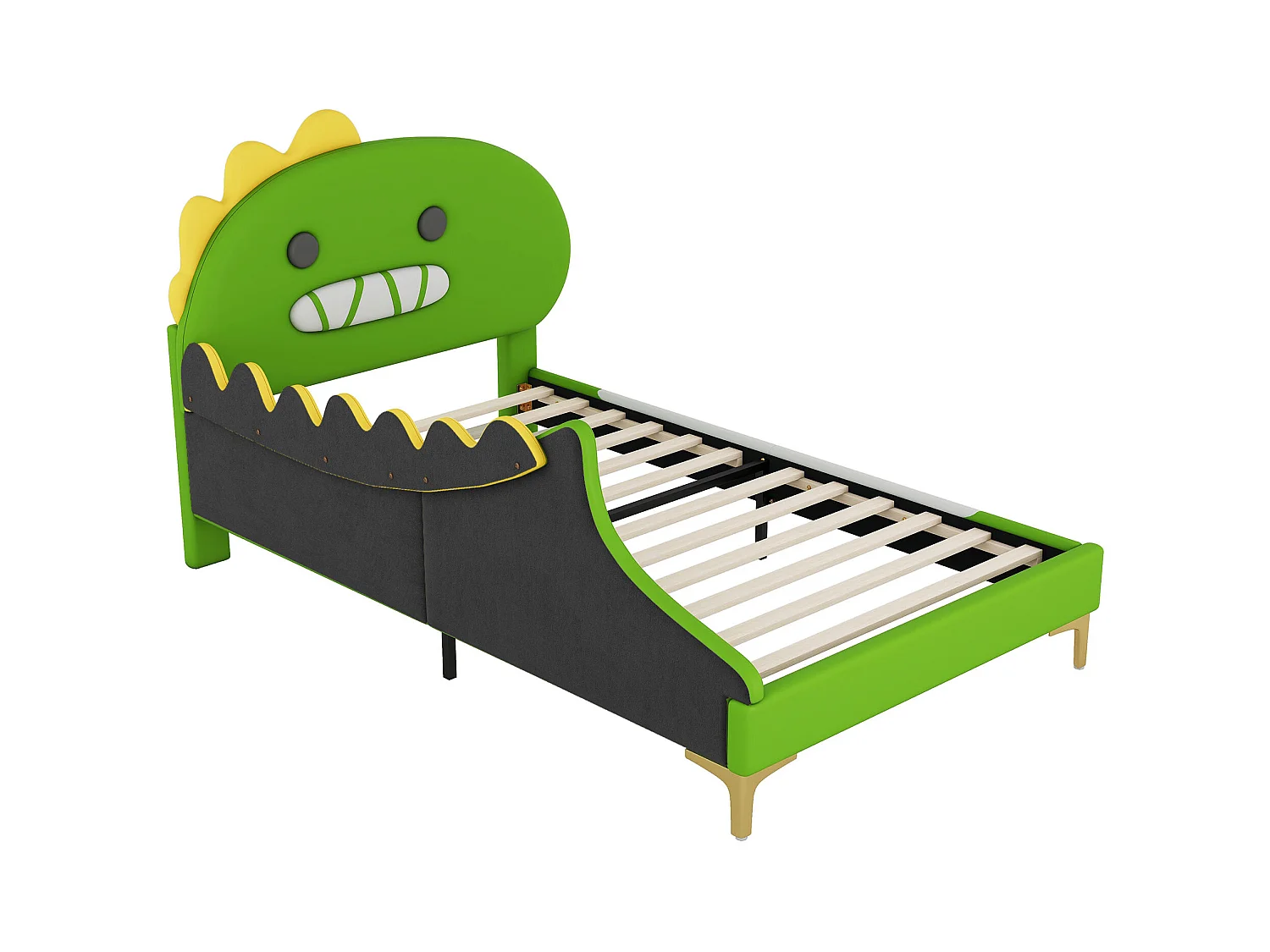 Lit enfant 90x200cm avec tête de lit en forme de dinosaure, en PU vert, sans matelas