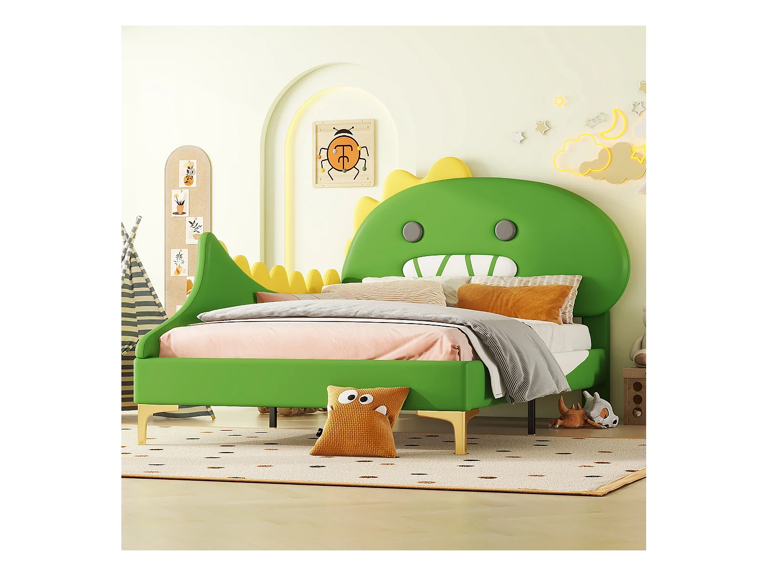 Lit enfant 90x200cm avec tête de lit en forme de dinosaure, en PU vert, sans matelas