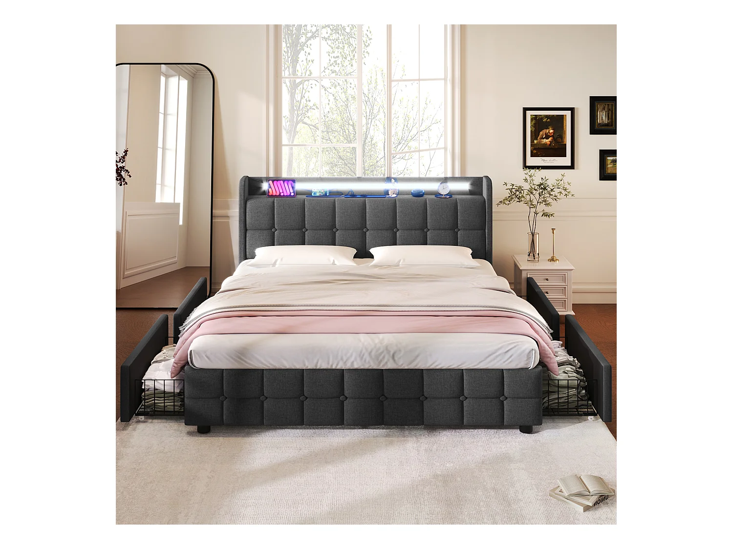 Lit adulte 160x200 cm gris avec 4 tiroirs, port USB et LED, lin, sommier à lattes, sans matelas