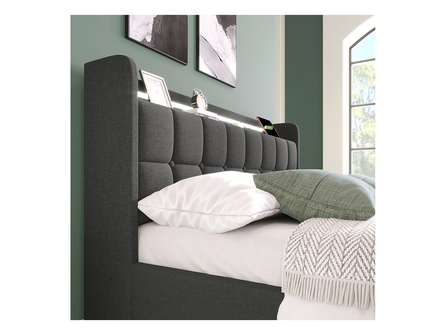 Lit adulte 160x200 cm gris avec 4 tiroirs, port USB et LED, lin, sommier à lattes, sans matelas