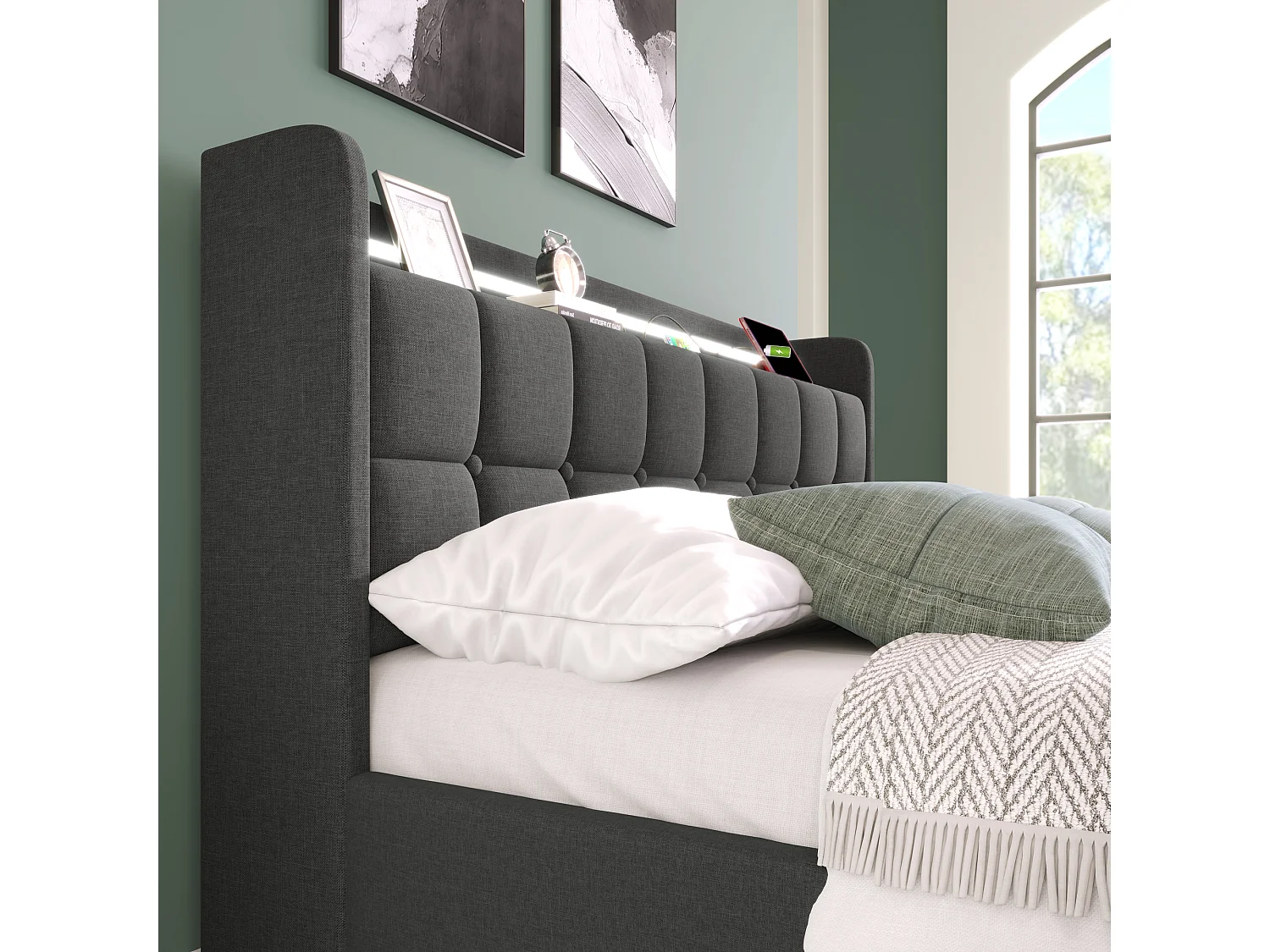 Lit adulte 160x200 cm gris avec 4 tiroirs, port USB et LED, lin, sommier à lattes, sans matelas