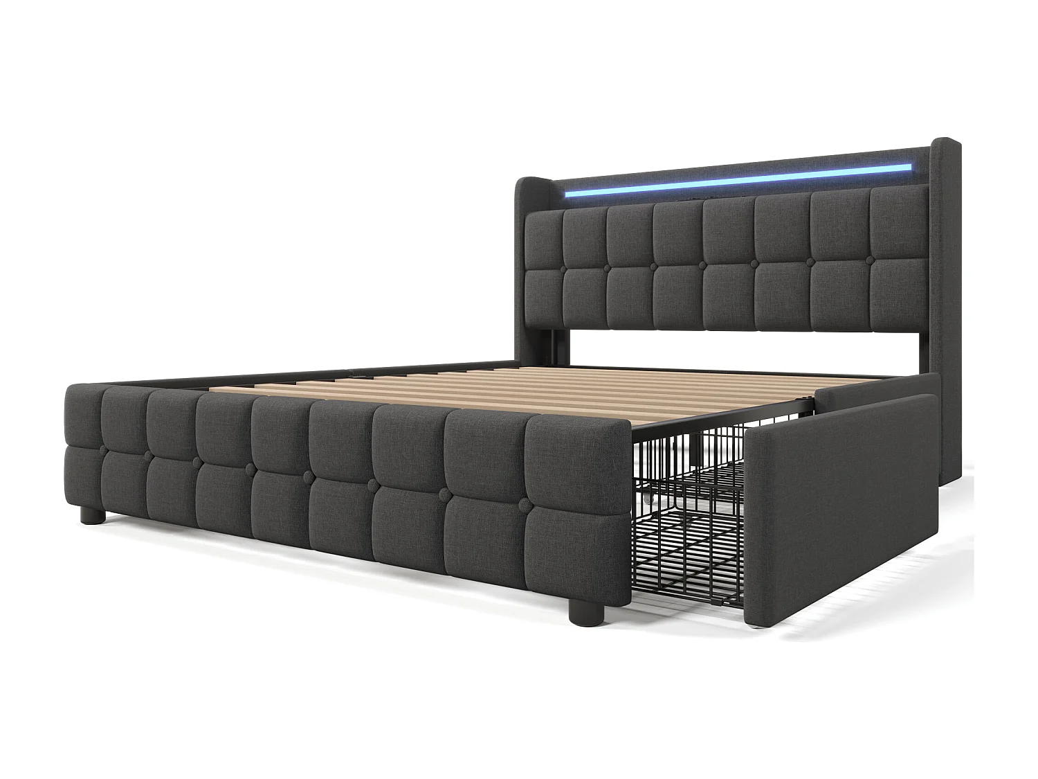 Lit adulte 160x200 cm gris avec 4 tiroirs, port USB et LED, lin, sommier à lattes, sans matelas