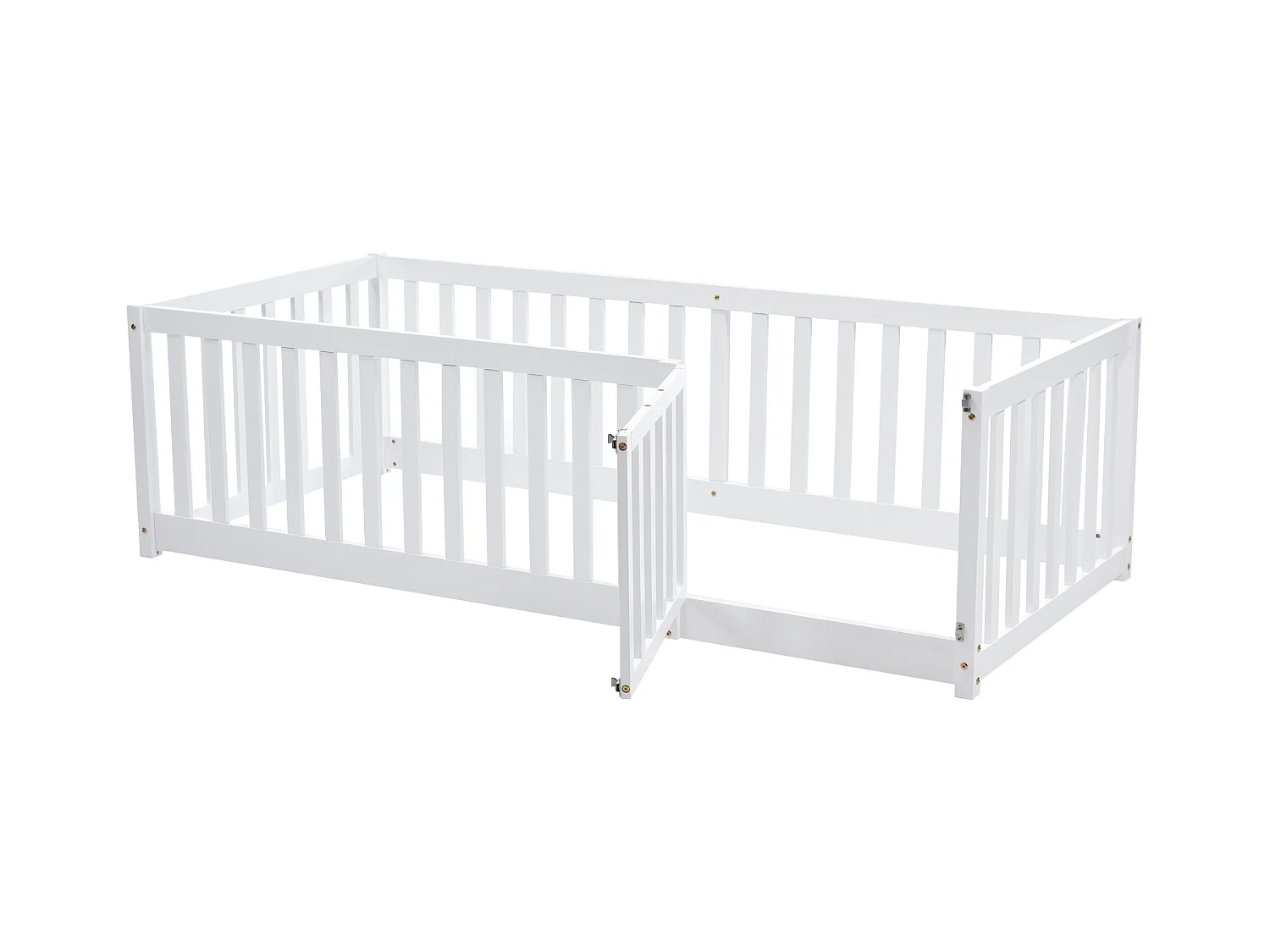 Lit enfant 90x200cm, lit au sol sans sommier, avec Barrières de sécurité, pin, blanc, sans matelas