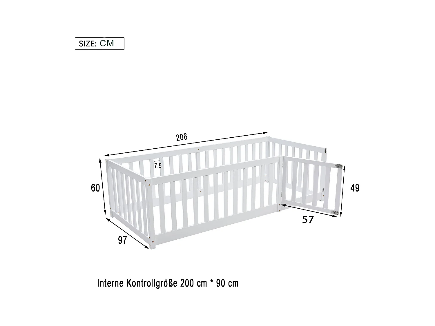 Lit enfant 90x200cm, lit au sol sans sommier, avec Barrières de sécurité, pin, blanc, sans matelas