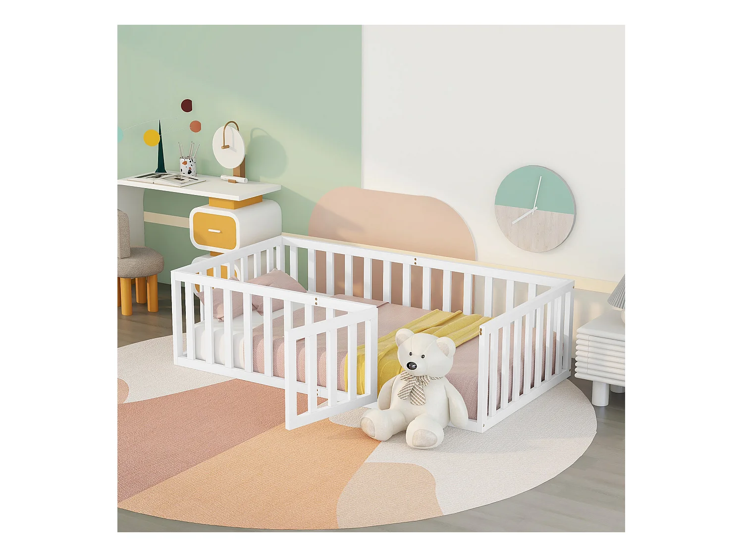 Letto montessoriano 90x200 cm per bambini, senza rete, con sponde di sicurezza, pino bianco, senza materasso