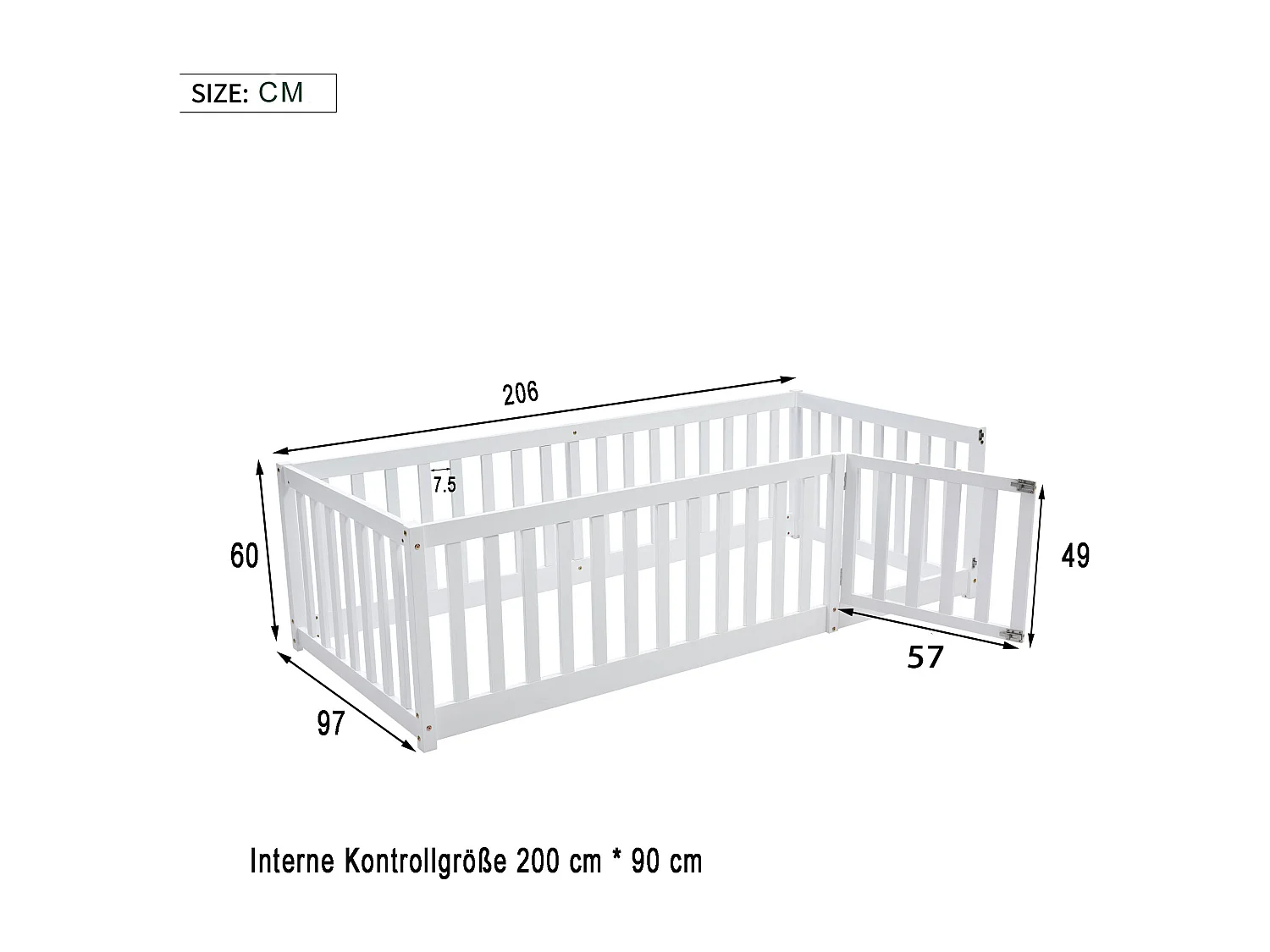 Lit enfant 90x200cm, lit au sol sans sommier, avec Barrières de sécurité, pin, blanc, sans matelas