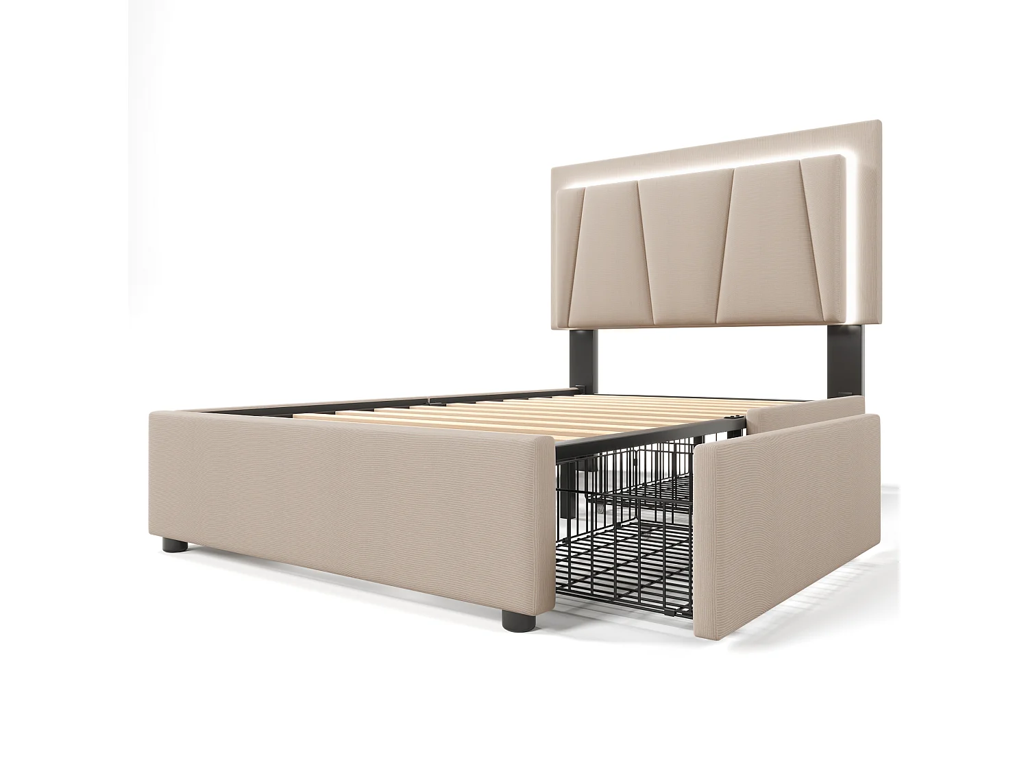 Lit adulte 90x200cm avec 2 tiroirs et LED, tête de lit réglable en hauteur, lin beige, sans matelas