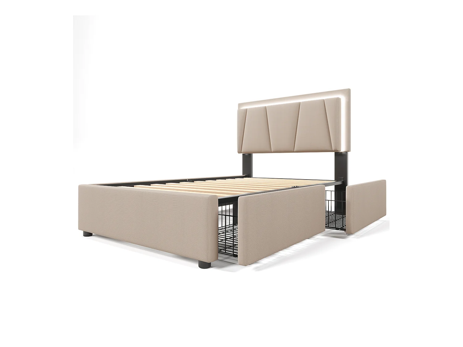 Lit adulte 90x200cm avec 2 tiroirs et LED, tête de lit réglable en hauteur, lin beige, sans matelas
