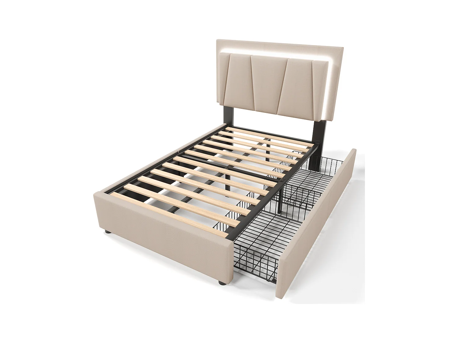 Lit adulte 90x200cm avec 2 tiroirs et LED, tête de lit réglable en hauteur, lin beige, sans matelas