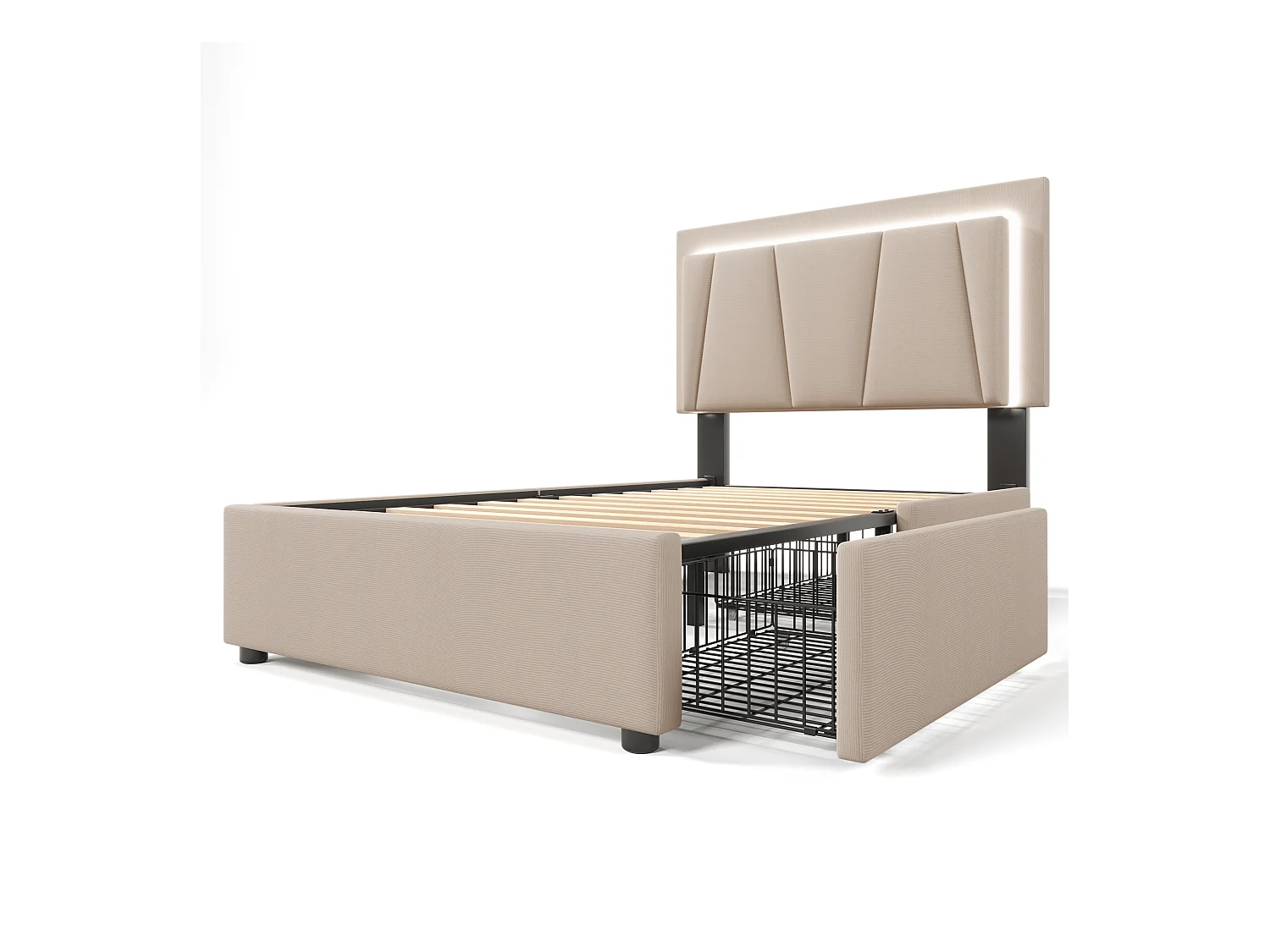 Lit adulte 90x200cm avec 2 tiroirs et LED, tête de lit réglable en hauteur, lin beige, sans matelas
