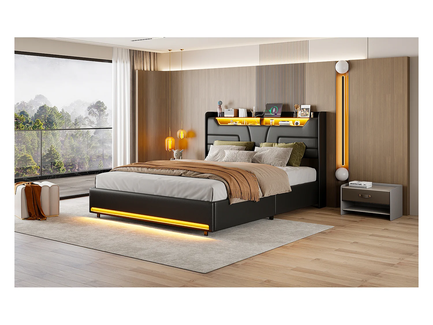 Lit double 160 x 200 cm, cadre de lit rembourré, lit adulte avec vérin hydraulique, lit de rangement avec éclairage LED, port de charge,