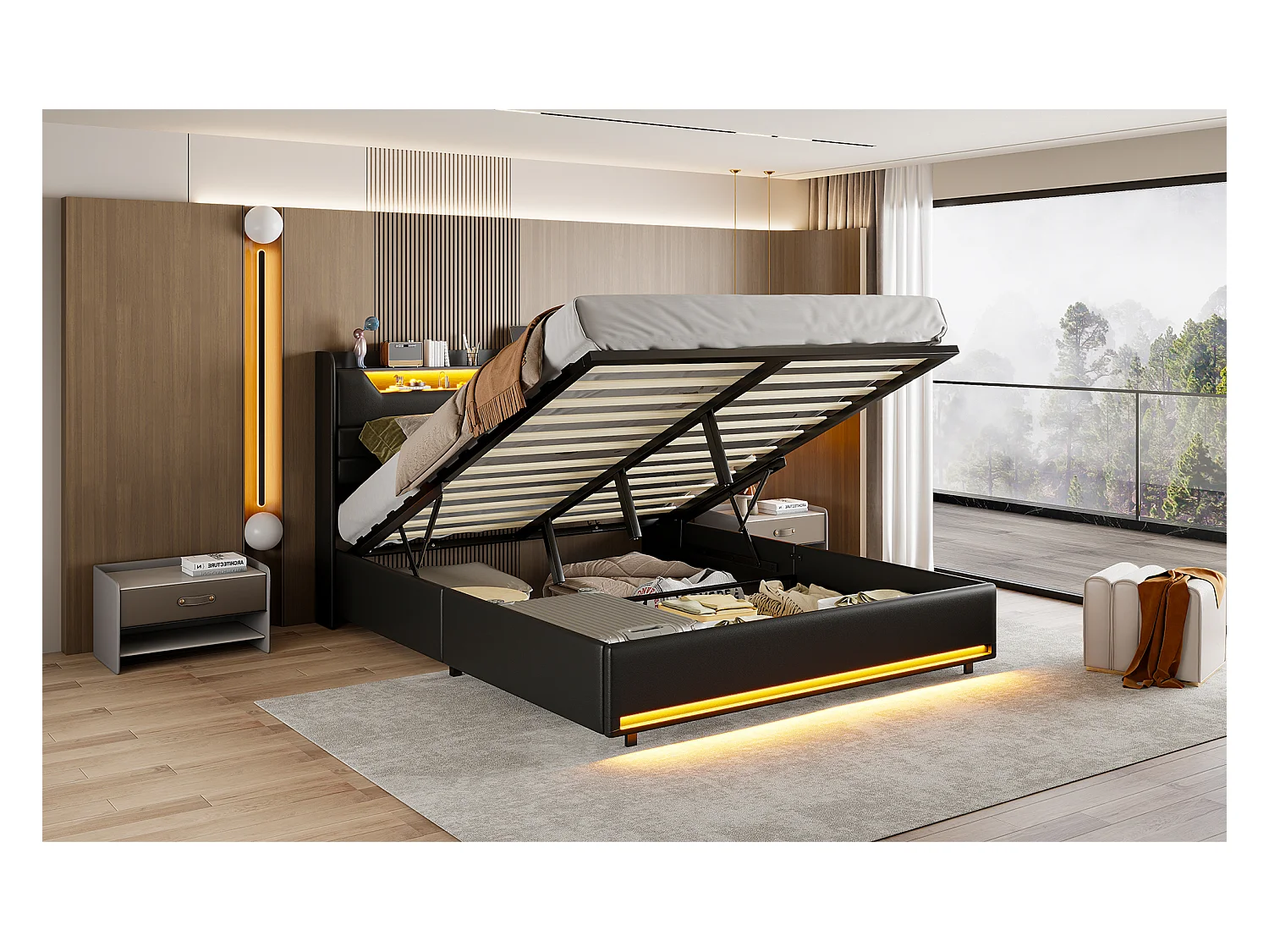 Lit double 160 x 200 cm, cadre de lit rembourré, lit adulte avec vérin hydraulique, lit de rangement avec éclairage LED, port de charge,