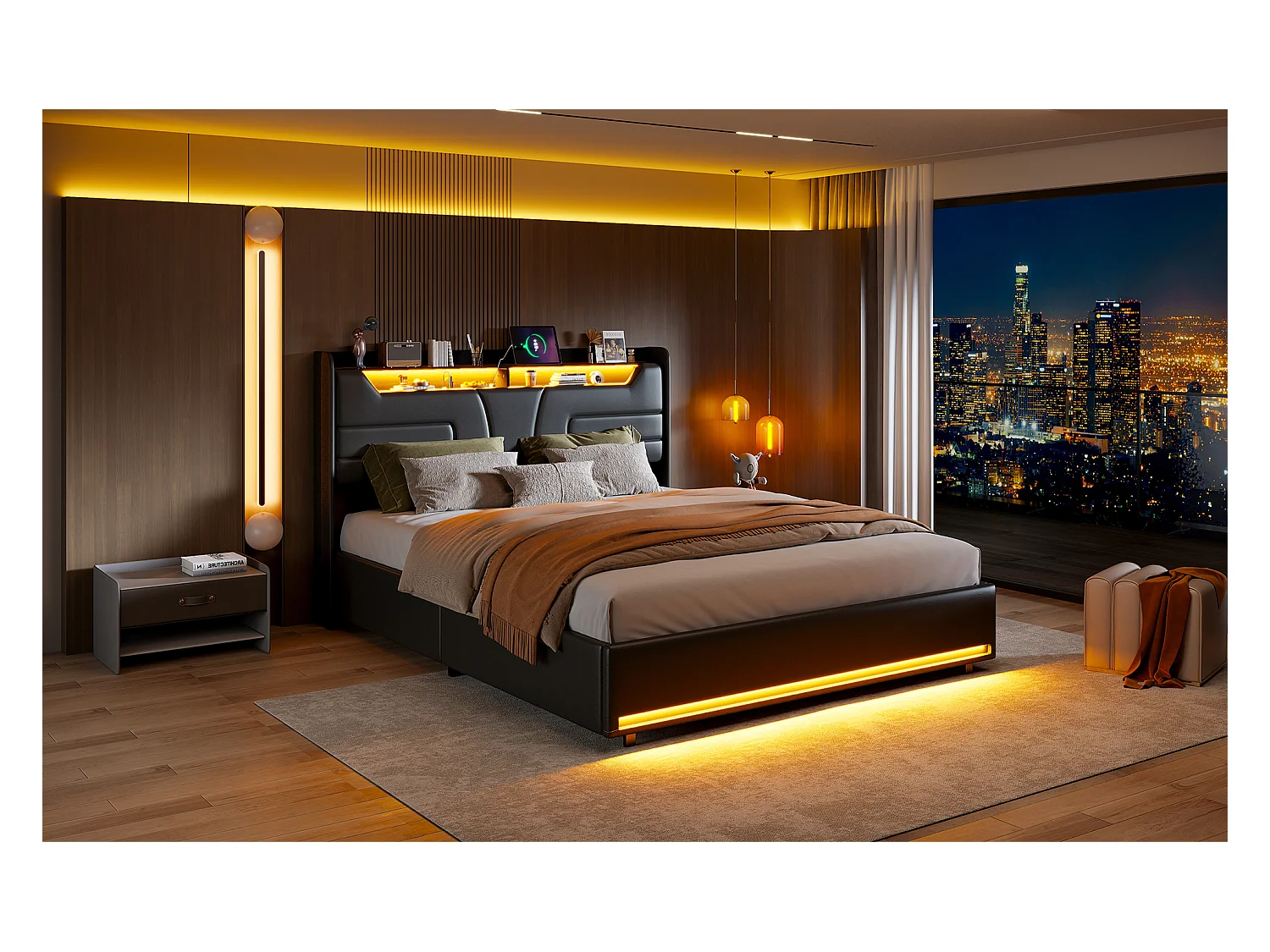 Lit double 160 x 200 cm, cadre de lit rembourré, lit adulte avec vérin hydraulique, lit de rangement avec éclairage LED, port de charge,