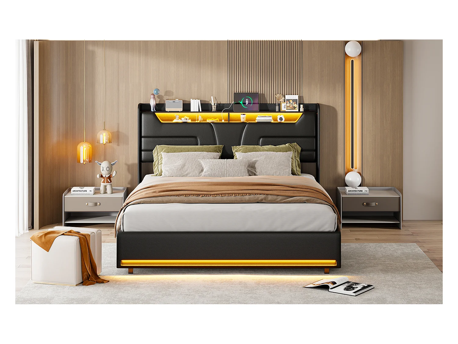 Lit double 160 x 200 cm, cadre de lit rembourré, lit adulte avec vérin hydraulique, lit de rangement avec éclairage LED, port de charge,