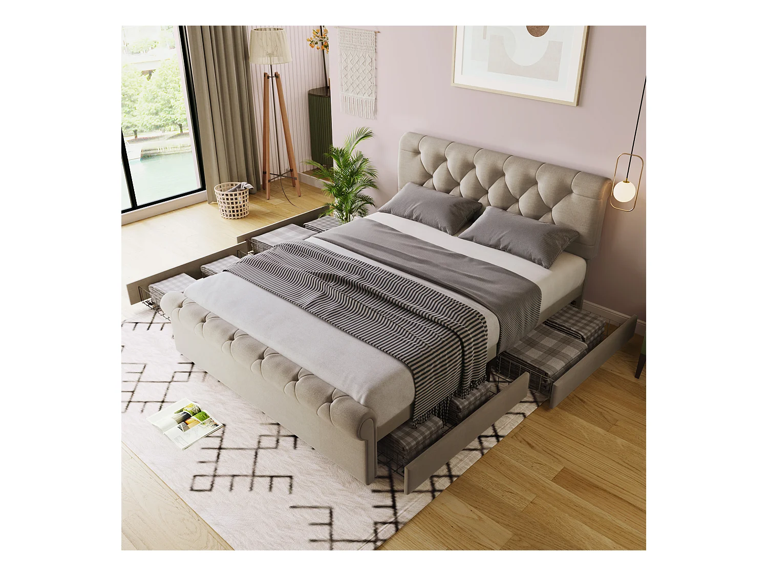 Lit adulte 140x200cm avec 4 tiroirs et tête de lit réglable, lin, beige, sans matelas