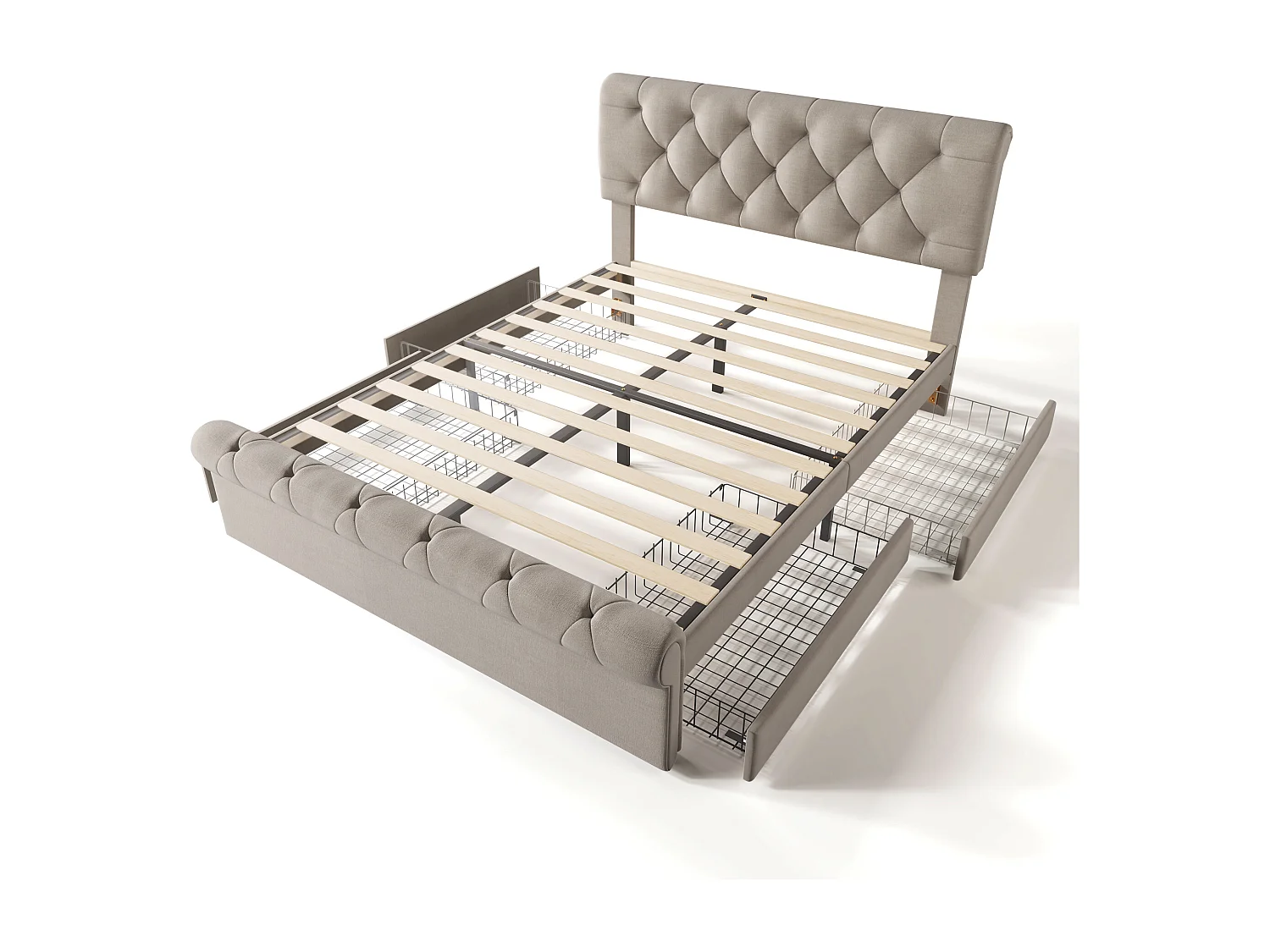 Lit adulte 140x200cm avec 4 tiroirs et tête de lit réglable, lin, beige, sans matelas