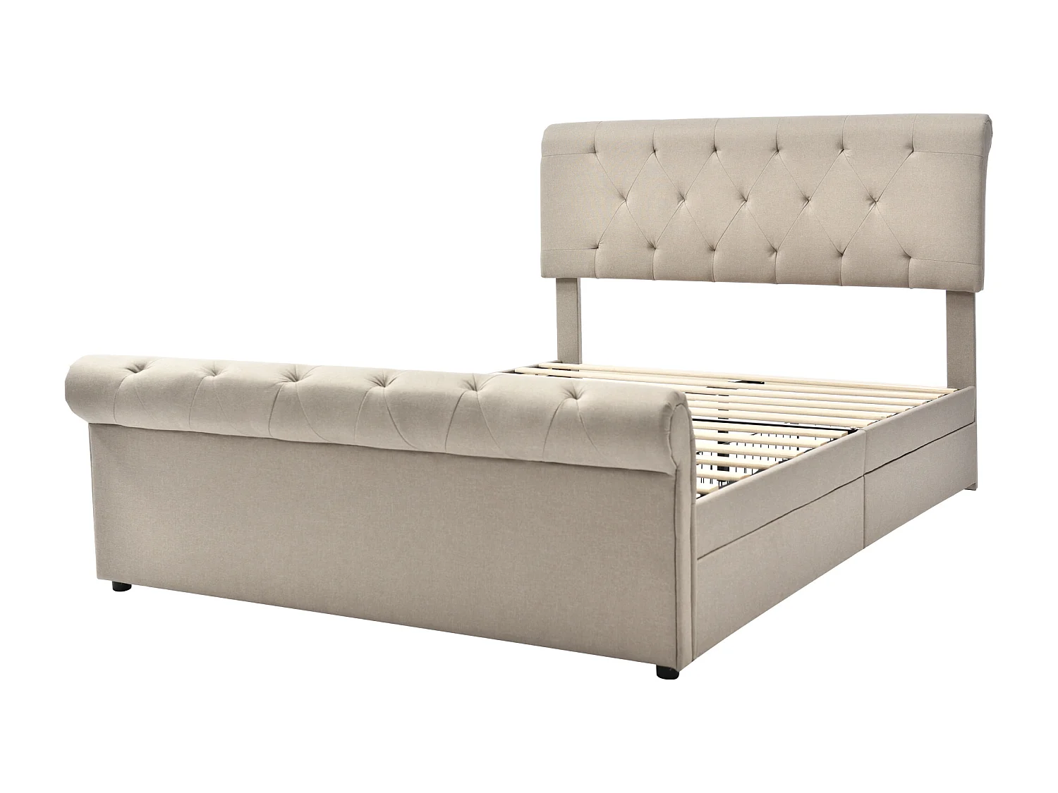 Lit adulte 140x200cm avec 4 tiroirs et tête de lit réglable, lin, beige, sans matelas