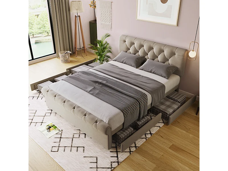 Lit adulte 140x200cm avec 4 tiroirs et tête de lit réglable, lin, beige, sans matelas
