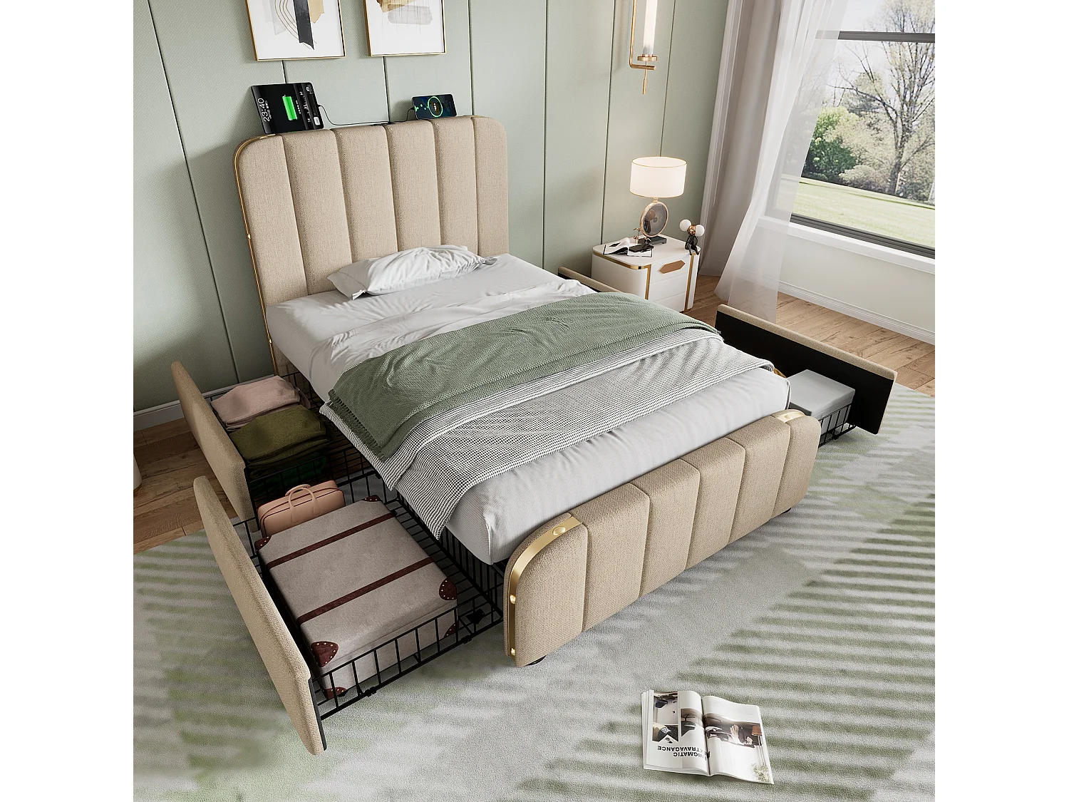 bed Morris met opberglade leemkleur