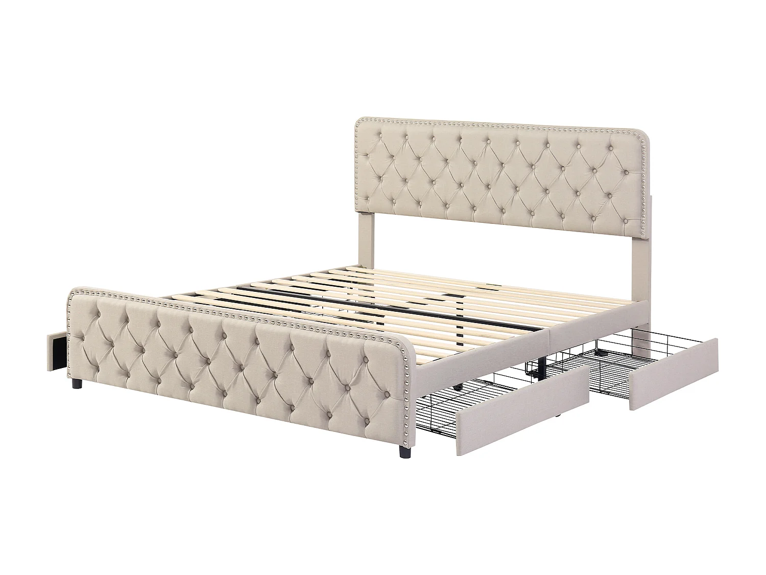 Lit adulte 140x200cm avec 4 tiroirs et tête de lit réglable, lin beige, sans matelas