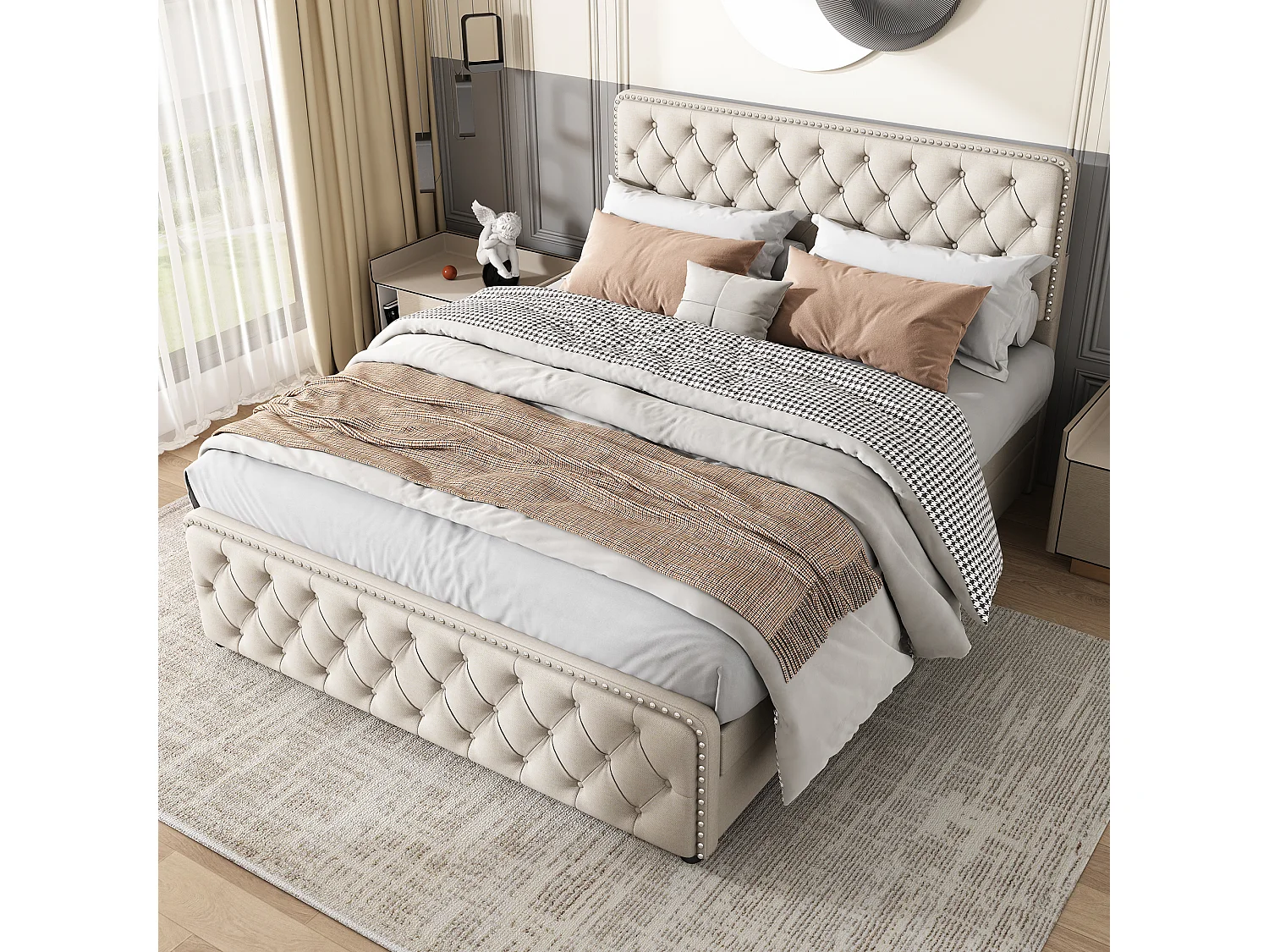 Lit adulte 140x200cm avec 4 tiroirs et tête de lit réglable, lin beige, sans matelas