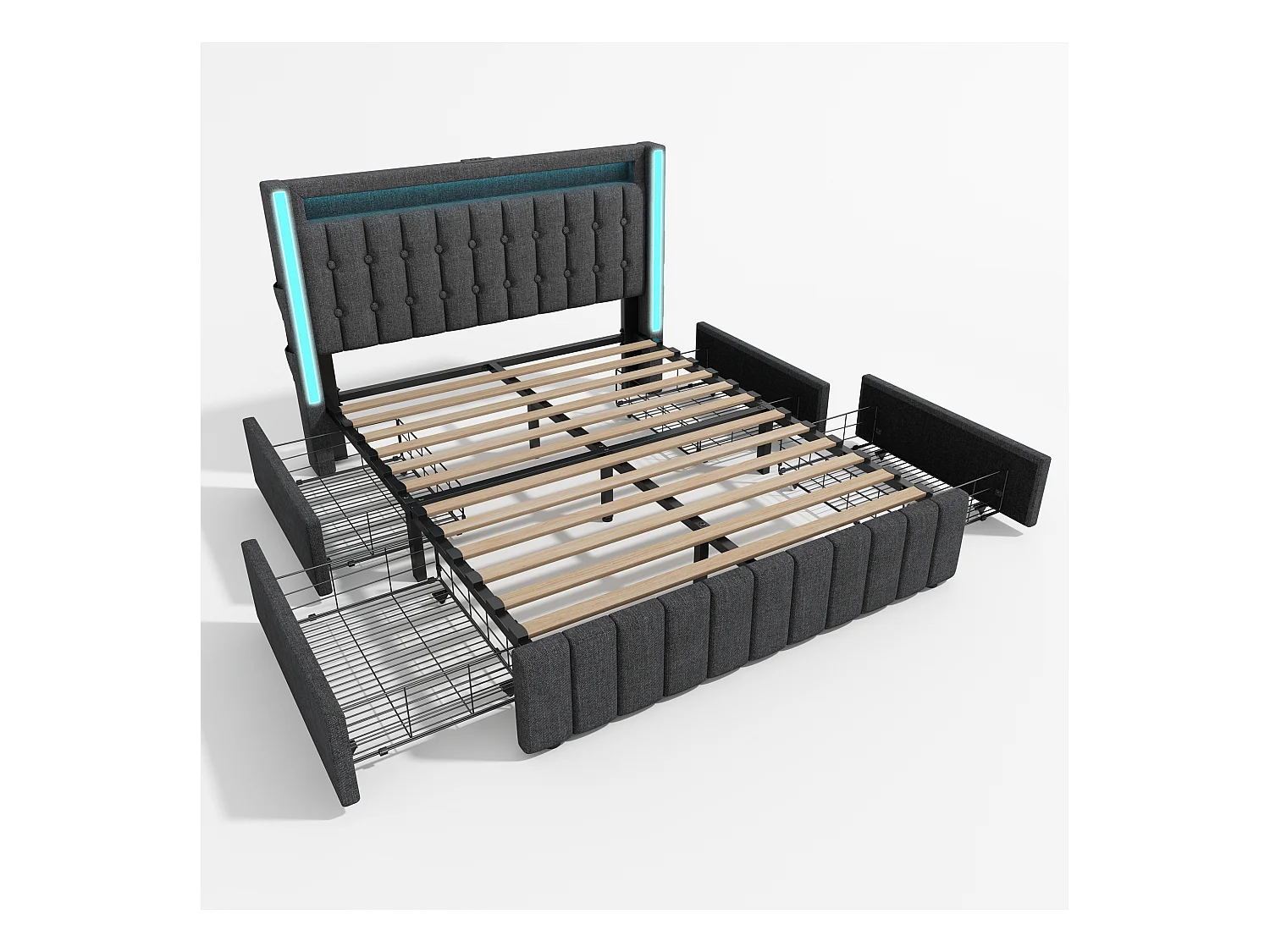 Lit adulte 140x200 cm gris avec 4 tiroirs, port USB et LED, lin, sommier à lattes, sans matelas