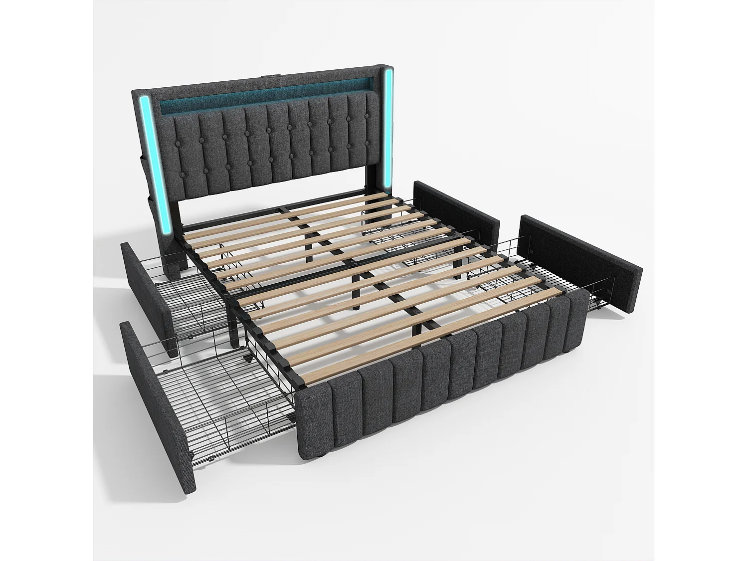 Lit adulte 140x200 cm gris avec 4 tiroirs, port USB et LED, lin, sommier à lattes, sans matelas