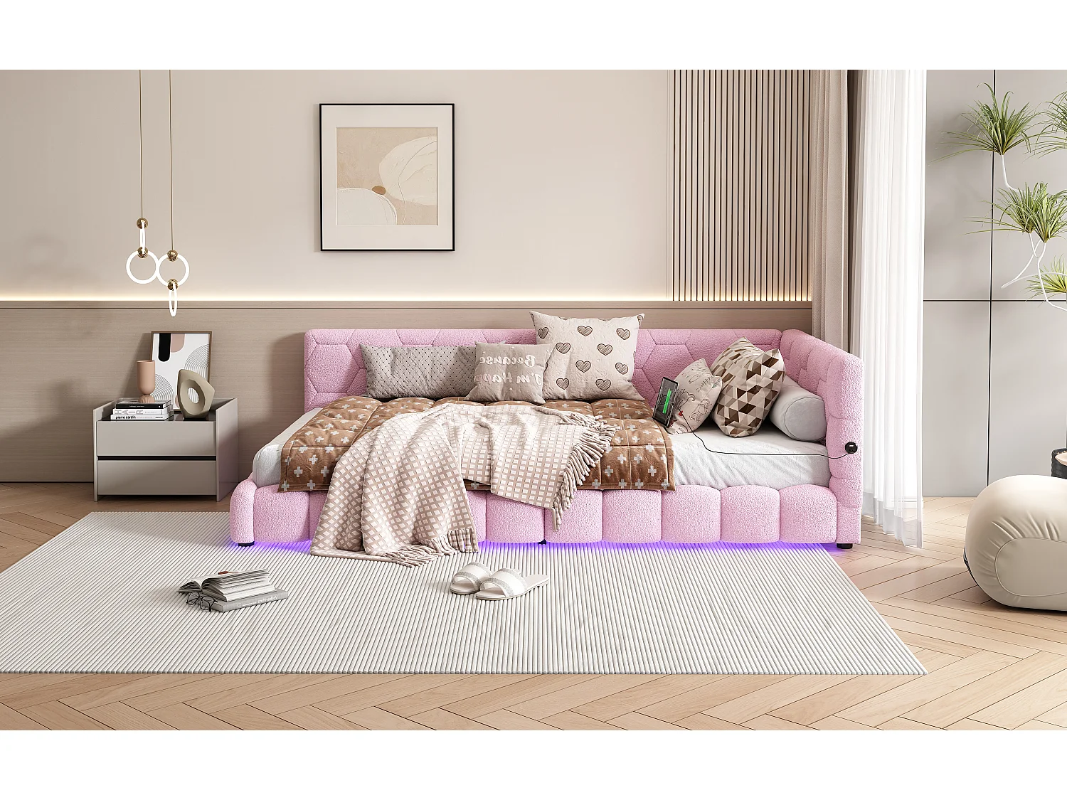 Lit double, 90 * 200cm lit double, canapé - lit, lit avec cadre à lattes (sans matelas), lumière ambiante de 16 couleurs, port USB, type - C, matériaux confortables