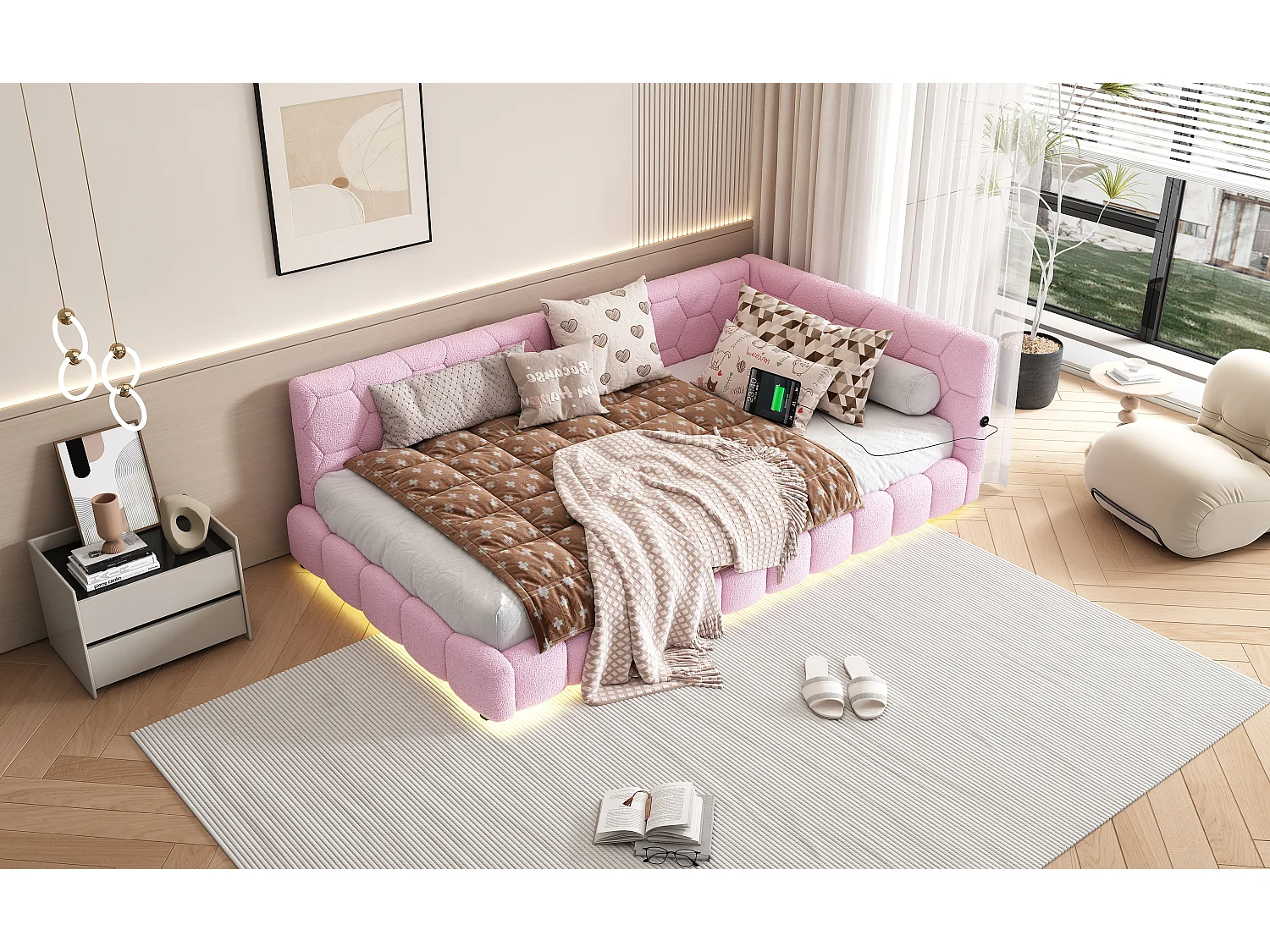 Lit double, 90 * 200cm lit double, canapé - lit, lit avec cadre à lattes (sans matelas), lumière ambiante de 16 couleurs, port USB, type - C, matériaux confortables