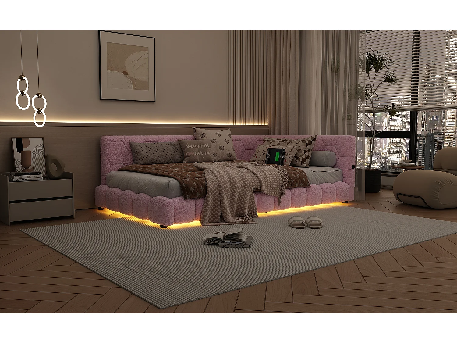 Lit double, 90 * 200cm lit double, canapé - lit, lit avec cadre à lattes (sans matelas), lumière ambiante de 16 couleurs, port USB, type - C, matériaux confortables