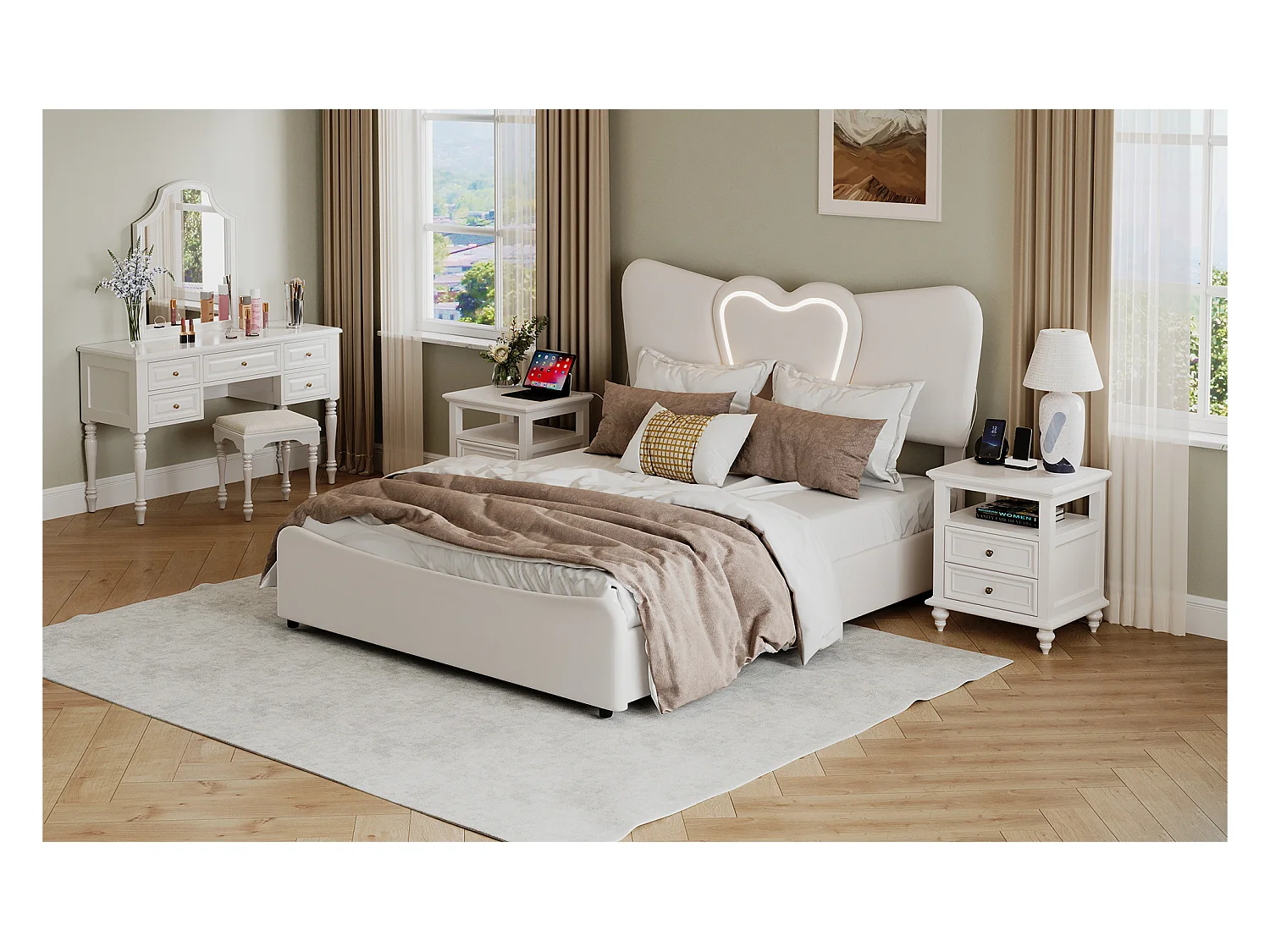 Lit double rembourré 140x200 cm/160x200 cm, lit coffre avec tête de lit en forme de cœur, réglable, cadre de lit hydraulique, velours, beige, sans matelas