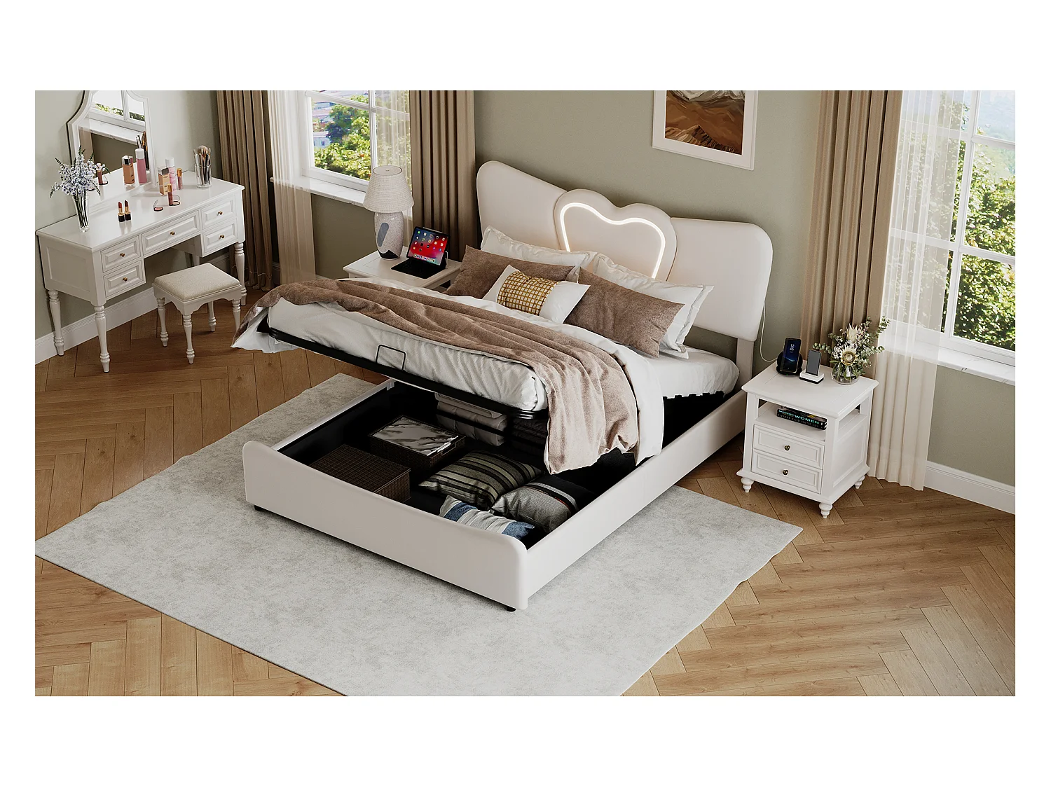 Lit double rembourré 140x200 cm/160x200 cm, lit coffre avec tête de lit en forme de cœur, réglable, cadre de lit hydraulique, velours, beige, sans matelas