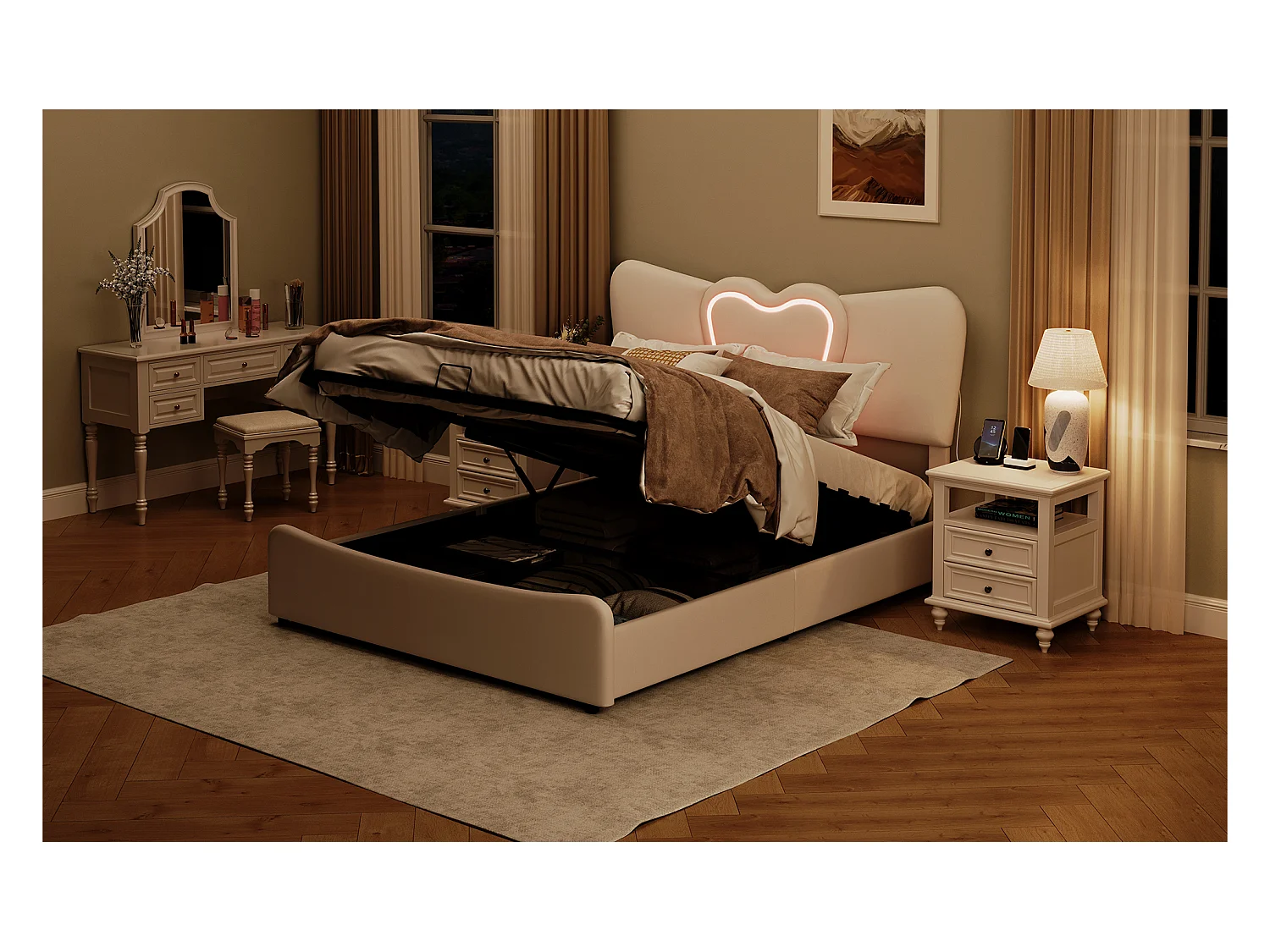 Lit double rembourré 140x200 cm/160x200 cm, lit coffre avec tête de lit en forme de cœur, réglable, cadre de lit hydraulique, velours, beige, sans matelas