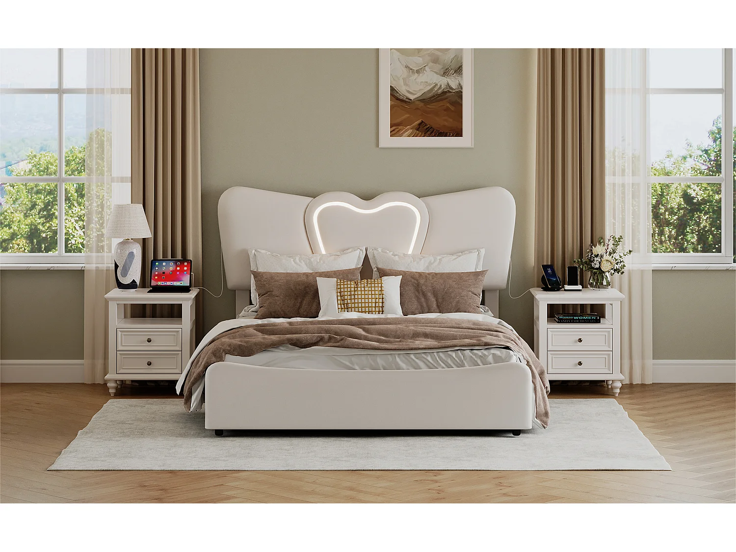 Lit double rembourré 140x200 cm/160x200 cm, lit coffre avec tête de lit en forme de cœur, réglable, cadre de lit hydraulique, velours, beige, sans matelas