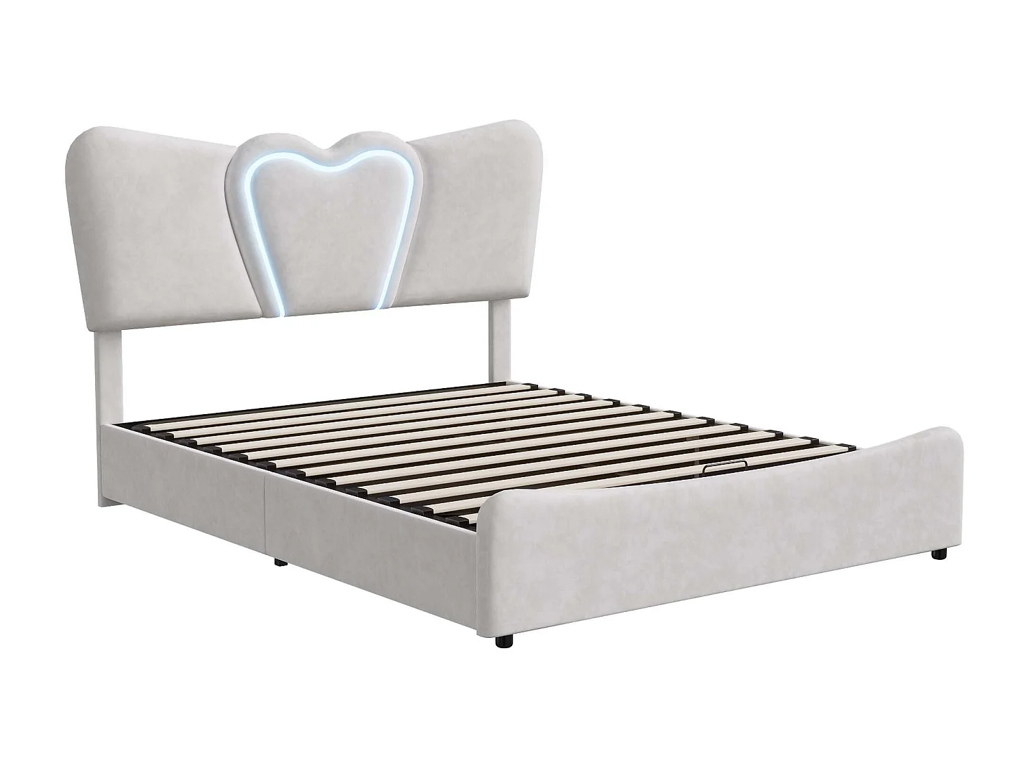 Lit double rembourré 140x200 cm/160x200 cm, lit coffre avec tête de lit en forme de cœur, réglable, cadre de lit hydraulique, velours, beige, sans matelas