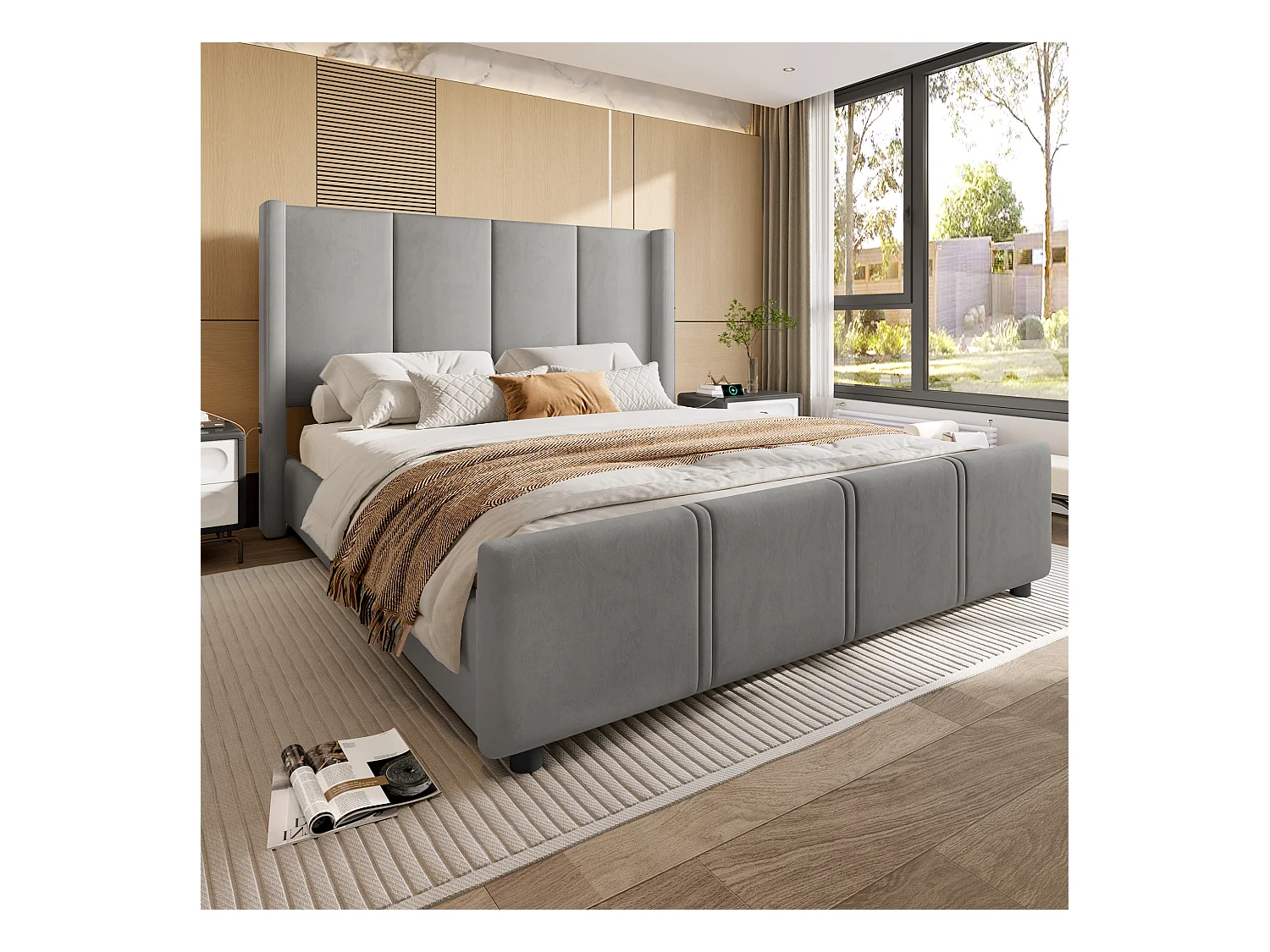 Lit adulte 160x200cm avec USB type-C, en velours gris, sommier à lattes, sans matelas