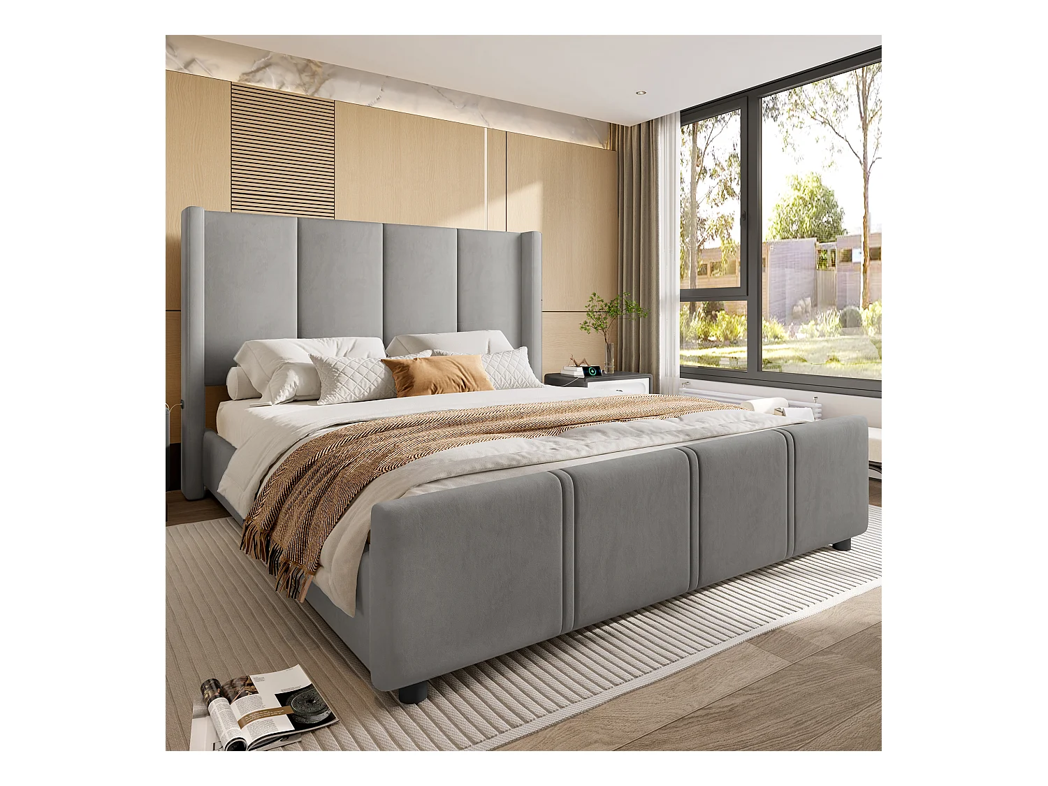 Lit adulte 160x200cm avec USB type-C, en velours gris, sommier à lattes, sans matelas