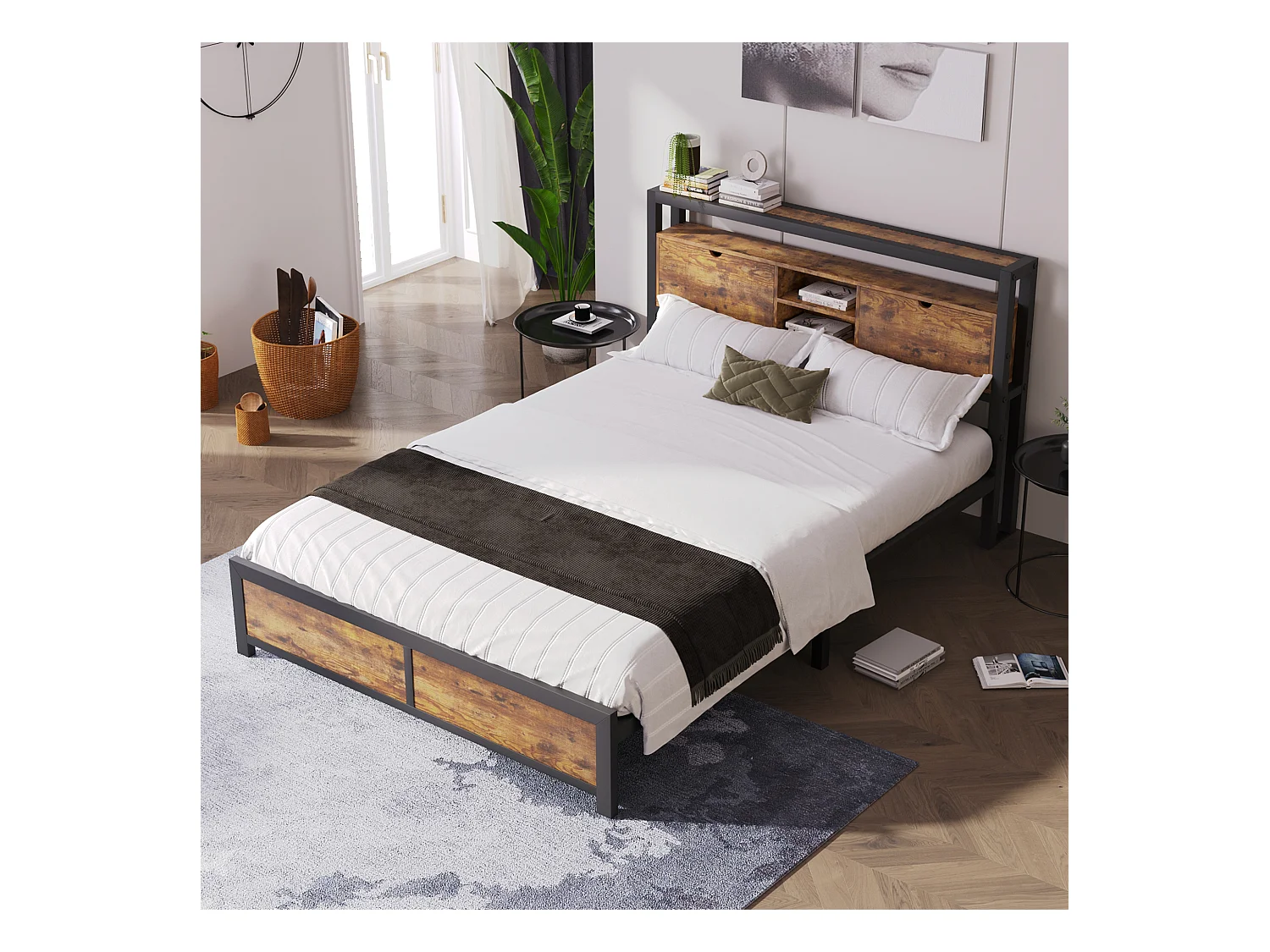 Lit adulte 140x200cm avec tête de lit de rangement, Métal+ MDF, Naturel foncé, sans matelas