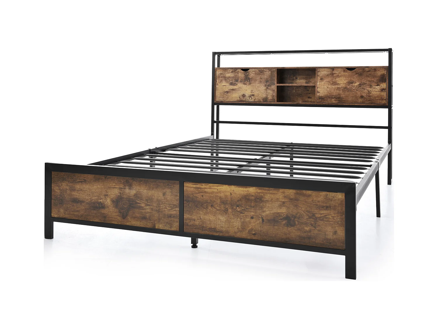 Lit adulte 140x200cm avec tête de lit de rangement, Métal+ MDF, Naturel foncé, sans matelas
