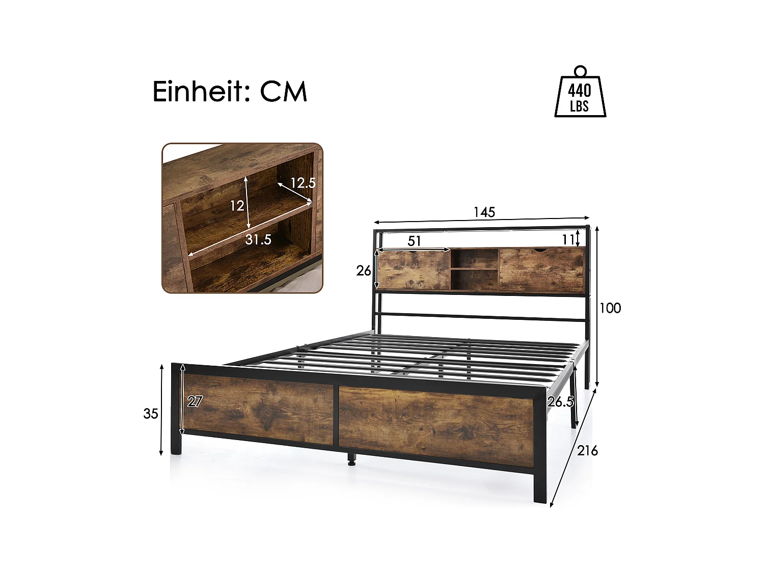 Lit adulte 140x200cm avec tête de lit de rangement, Métal+ MDF, Naturel foncé, sans matelas