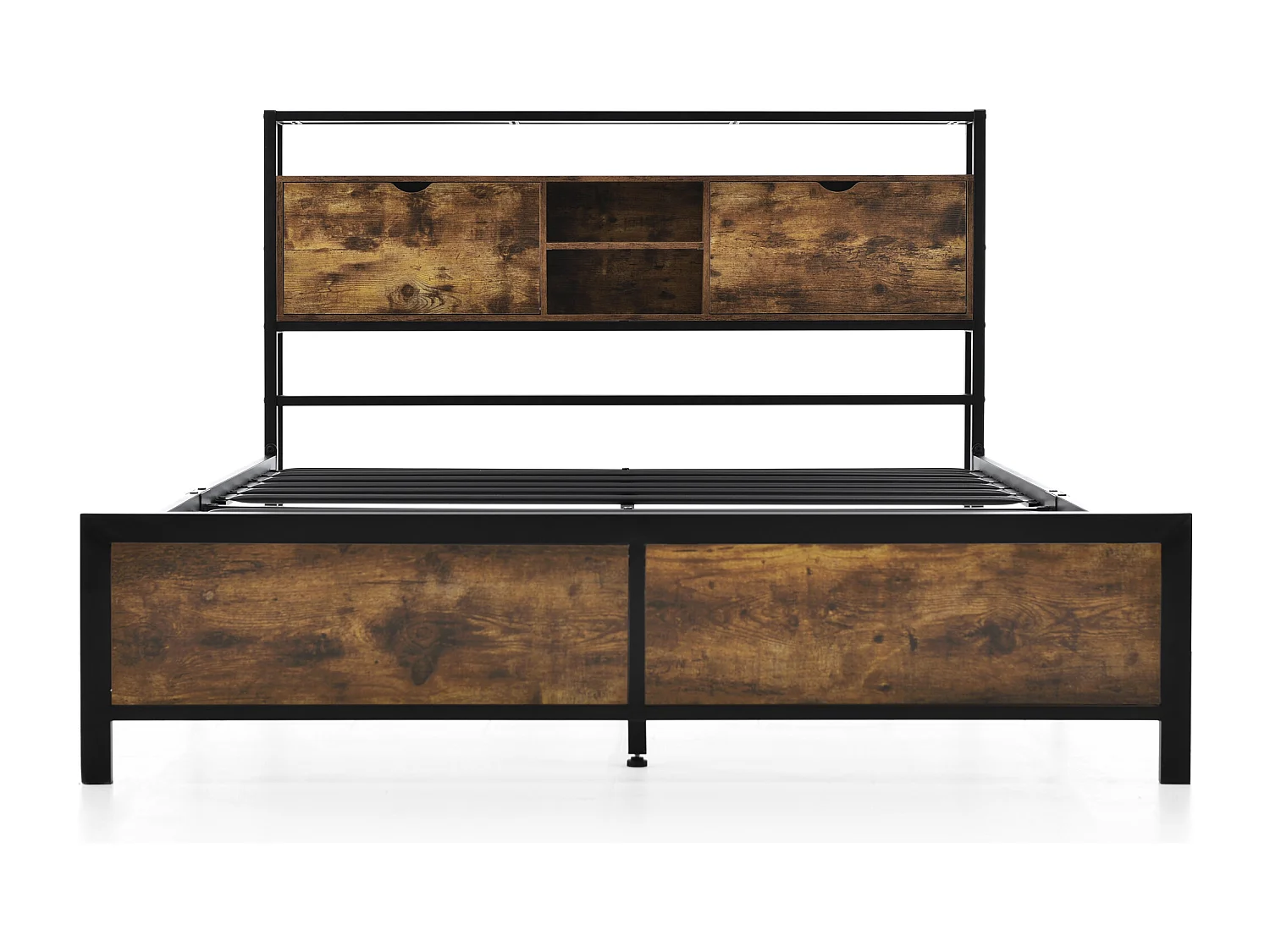 Lit adulte 140x200cm avec tête de lit de rangement, Métal+ MDF, Naturel foncé, sans matelas