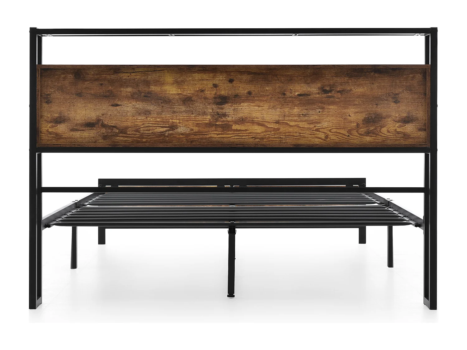 Lit adulte 140x200cm avec tête de lit de rangement, Métal+ MDF, Naturel foncé, sans matelas