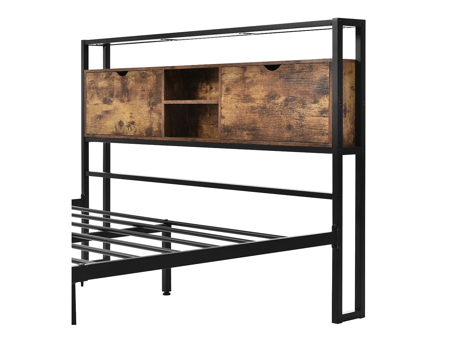 Lit adulte 140x200cm avec tête de lit de rangement, Métal+ MDF, Naturel foncé, sans matelas