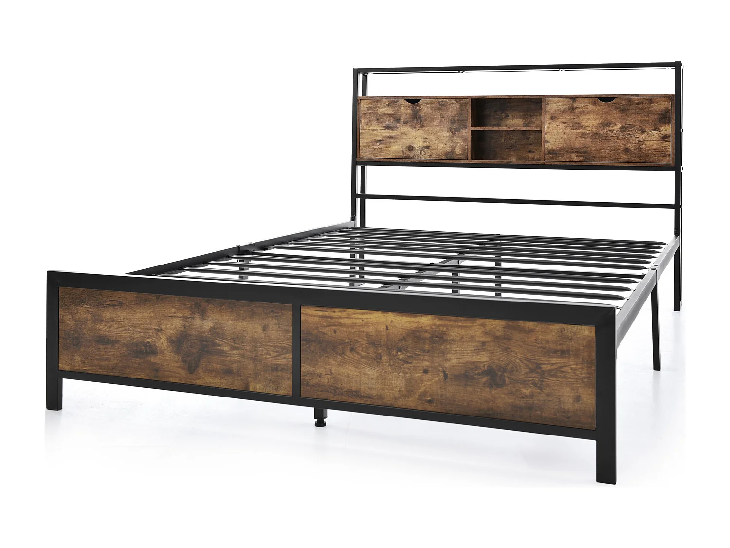 Lit adulte 140x200cm avec tête de lit de rangement, Métal+ MDF, Naturel foncé, sans matelas